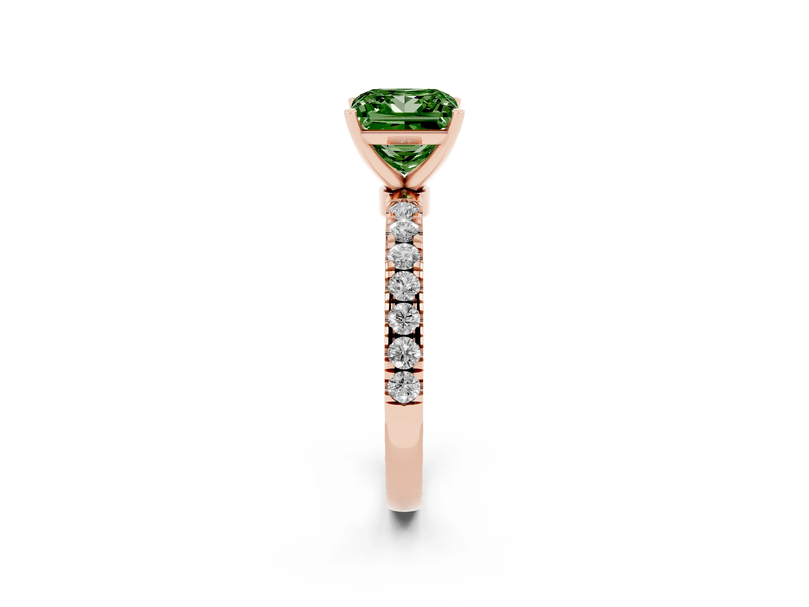 Fancy Green Princess Cut Diamond Solitaire Ring Set in Rose gold with Pavé Accents and Prong Setting