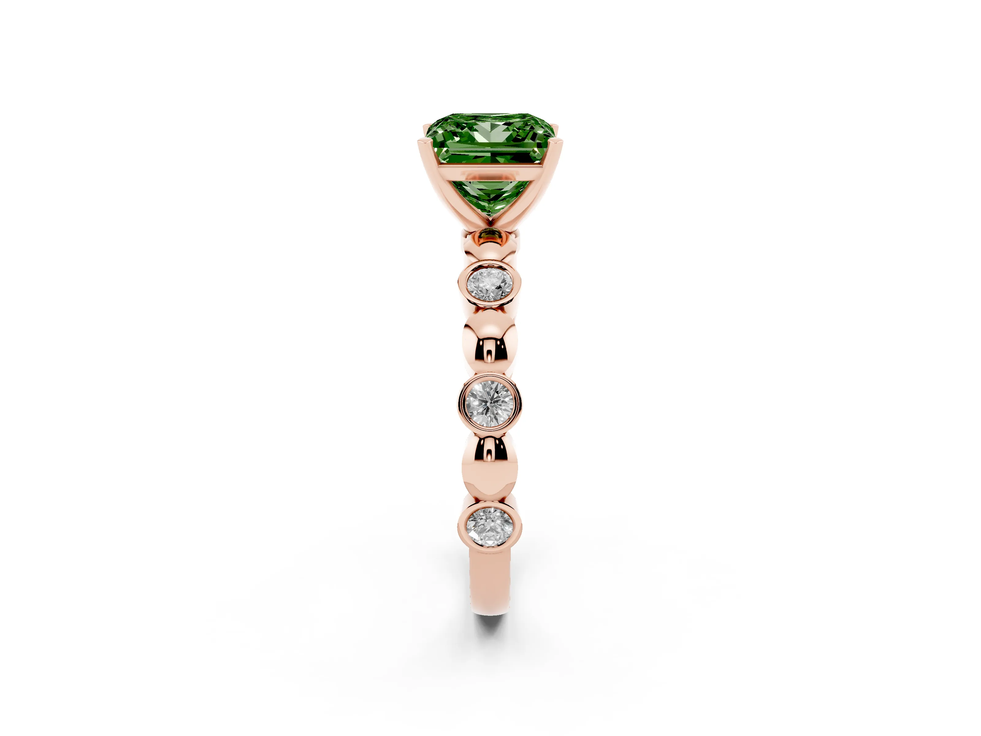 Fancy Green Princess Cut Diamond Solitaire Ring Set in Rose gold with Bezel-Set Accents on Beaded Band and Prong Setting