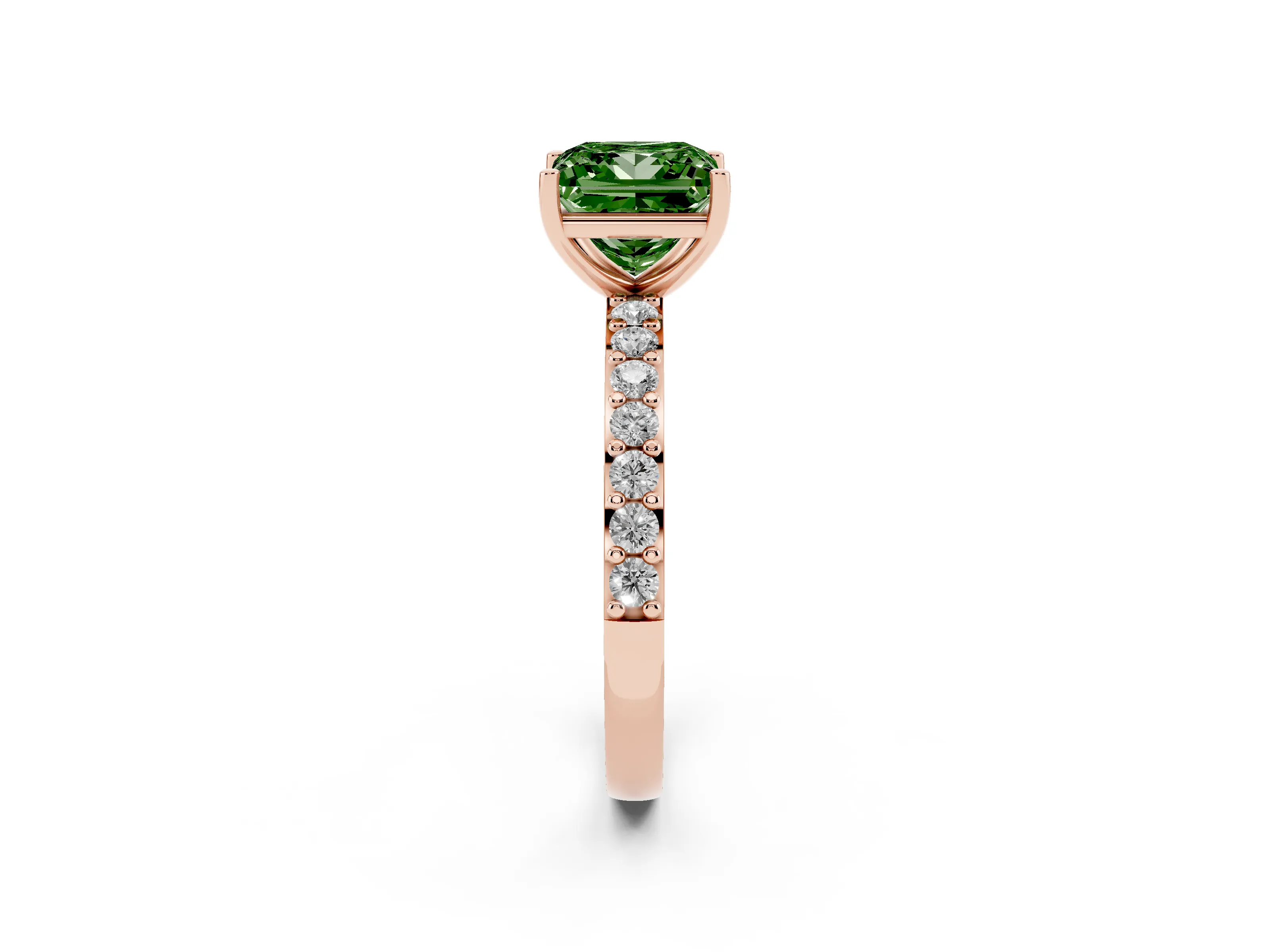 Fancy Green Princess Cut Diamond Solitaire Set in Rose gold with Round Pavé Band and Prong Setting