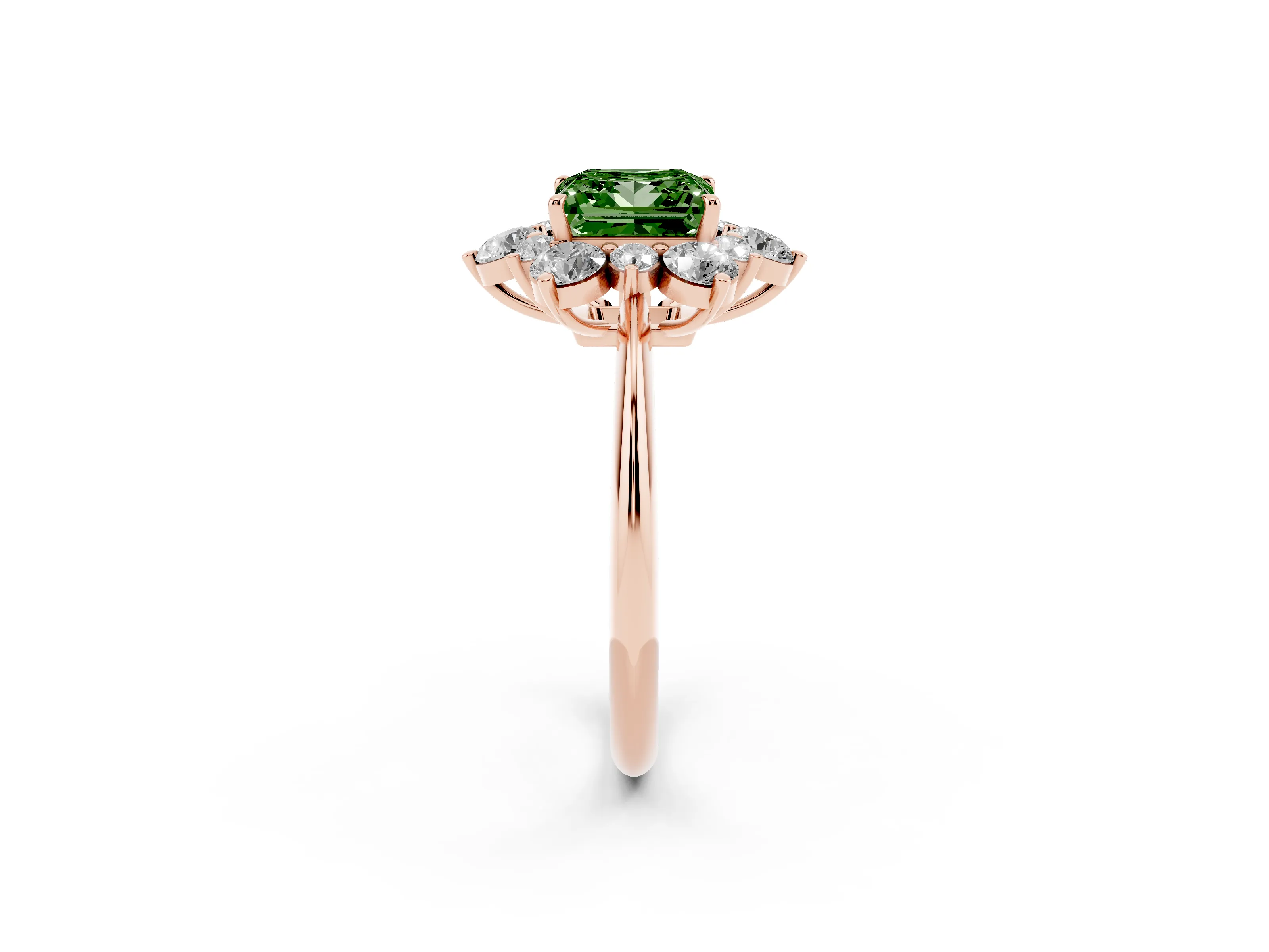 Fancy Green Princess Cut Diamond Cluster Halo Ring Set in Rose gold with Solitaire Band and Prong Setting