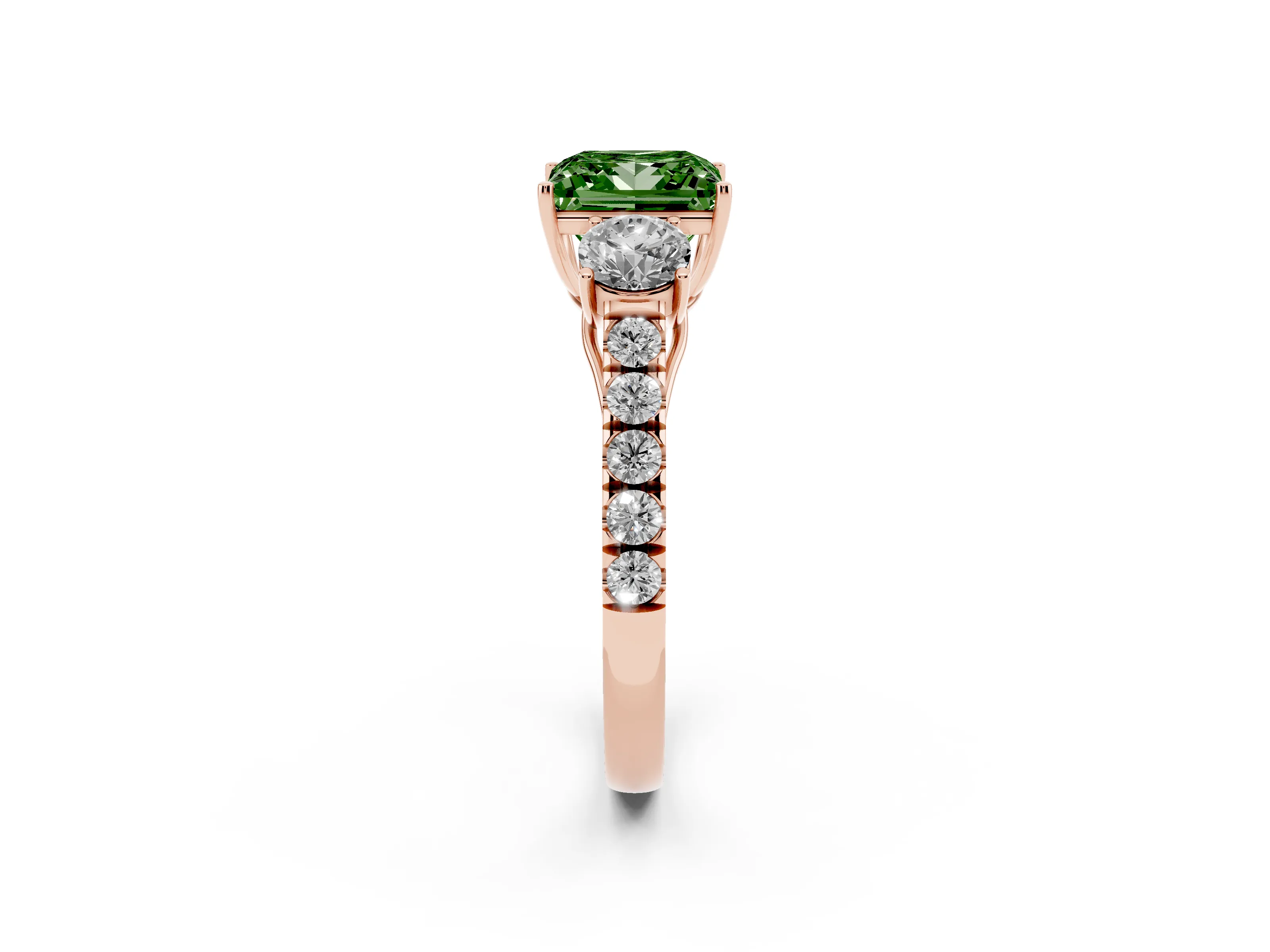Fancy Green Princess Cut Diamond Three-Stone Ring Set in Rose gold with Round Side Stones and Delicate Pavé Band