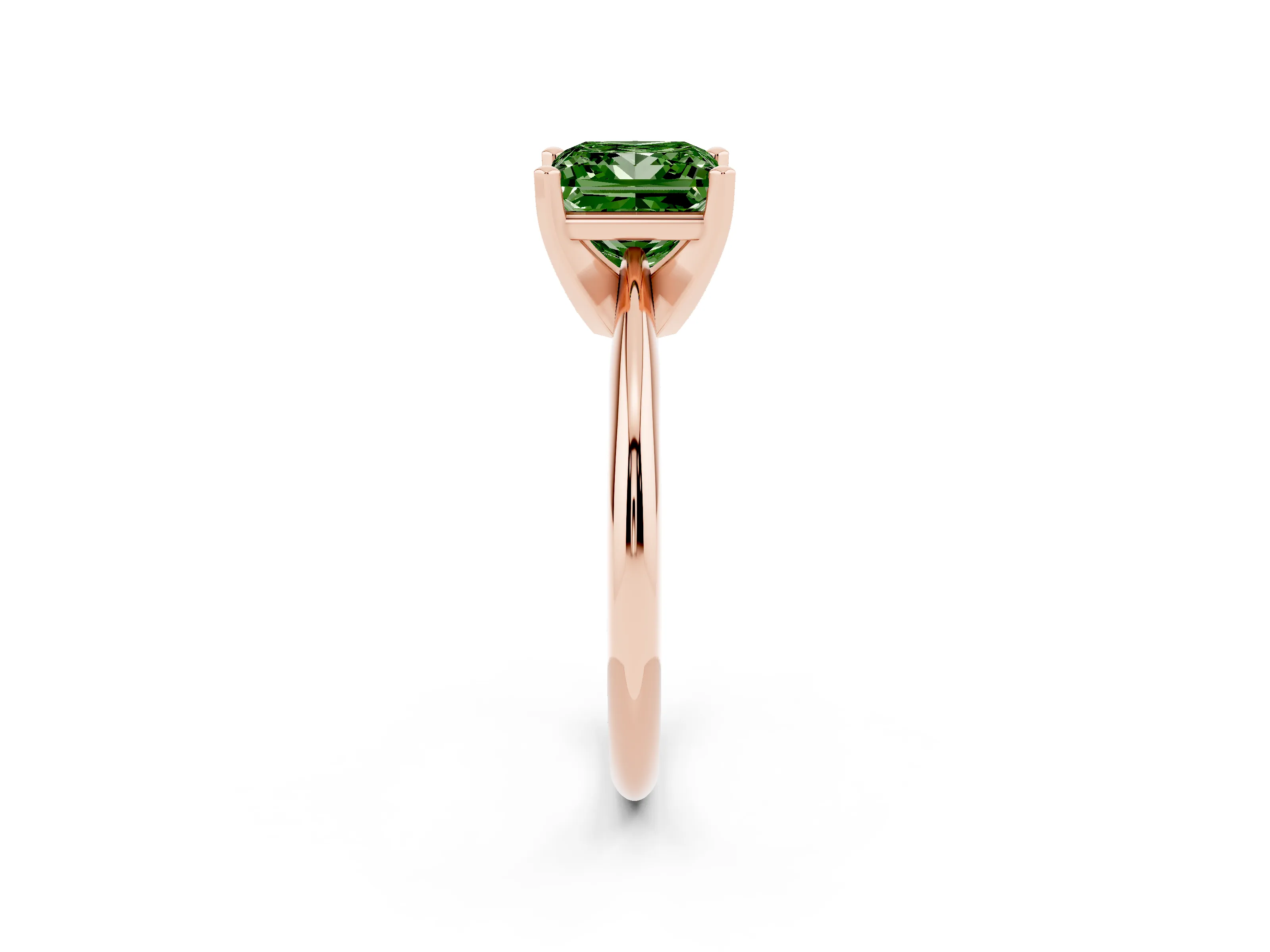 Fancy Green Princess Cut Diamond Solitaire Ring Set in Rose gold with Prong Setting on a Plain Round Band