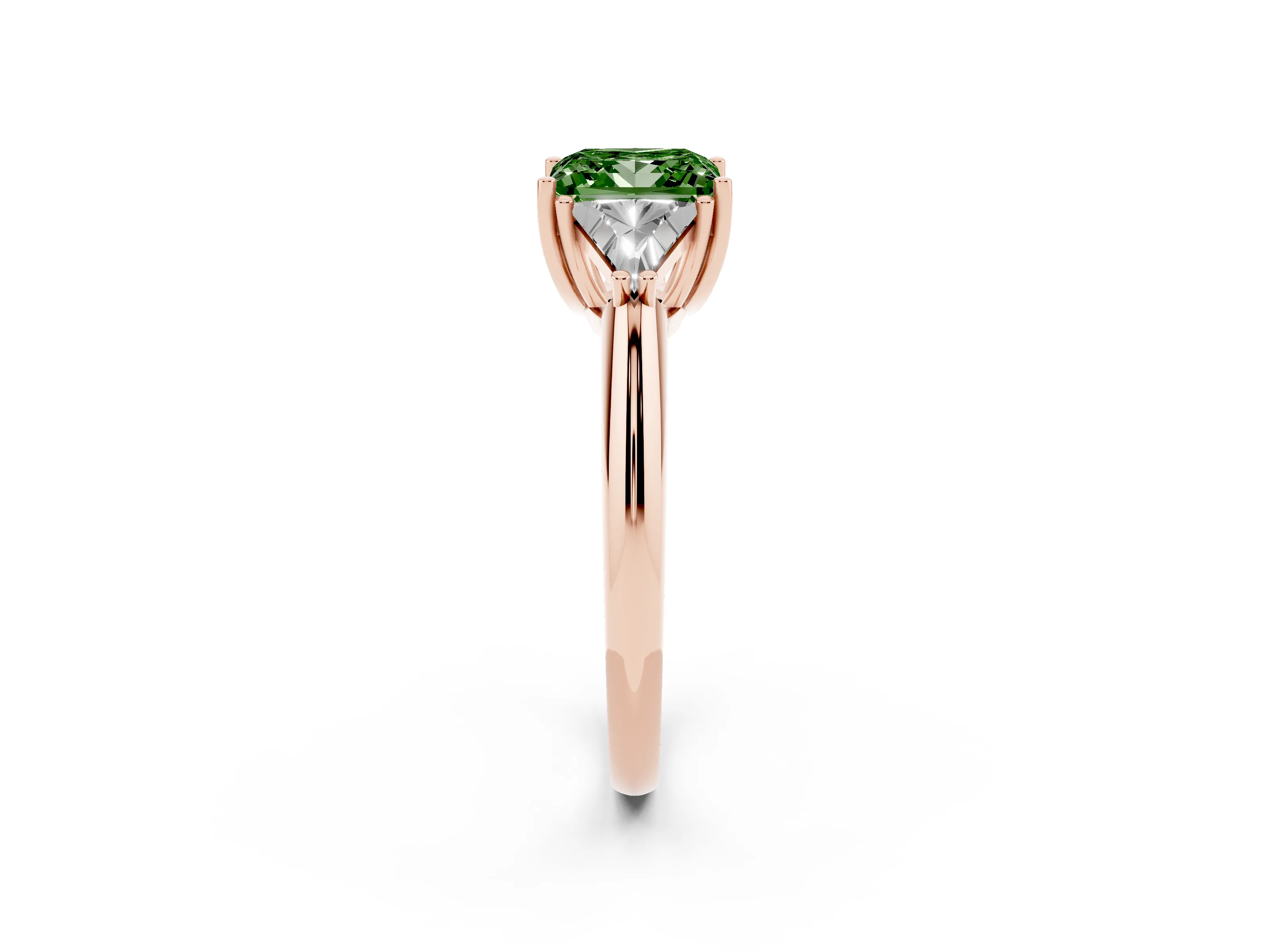 Fancy Green Princess Cut Diamond Three-Stone Engagement Ring Set in Rose gold with Trillion Side Stones
