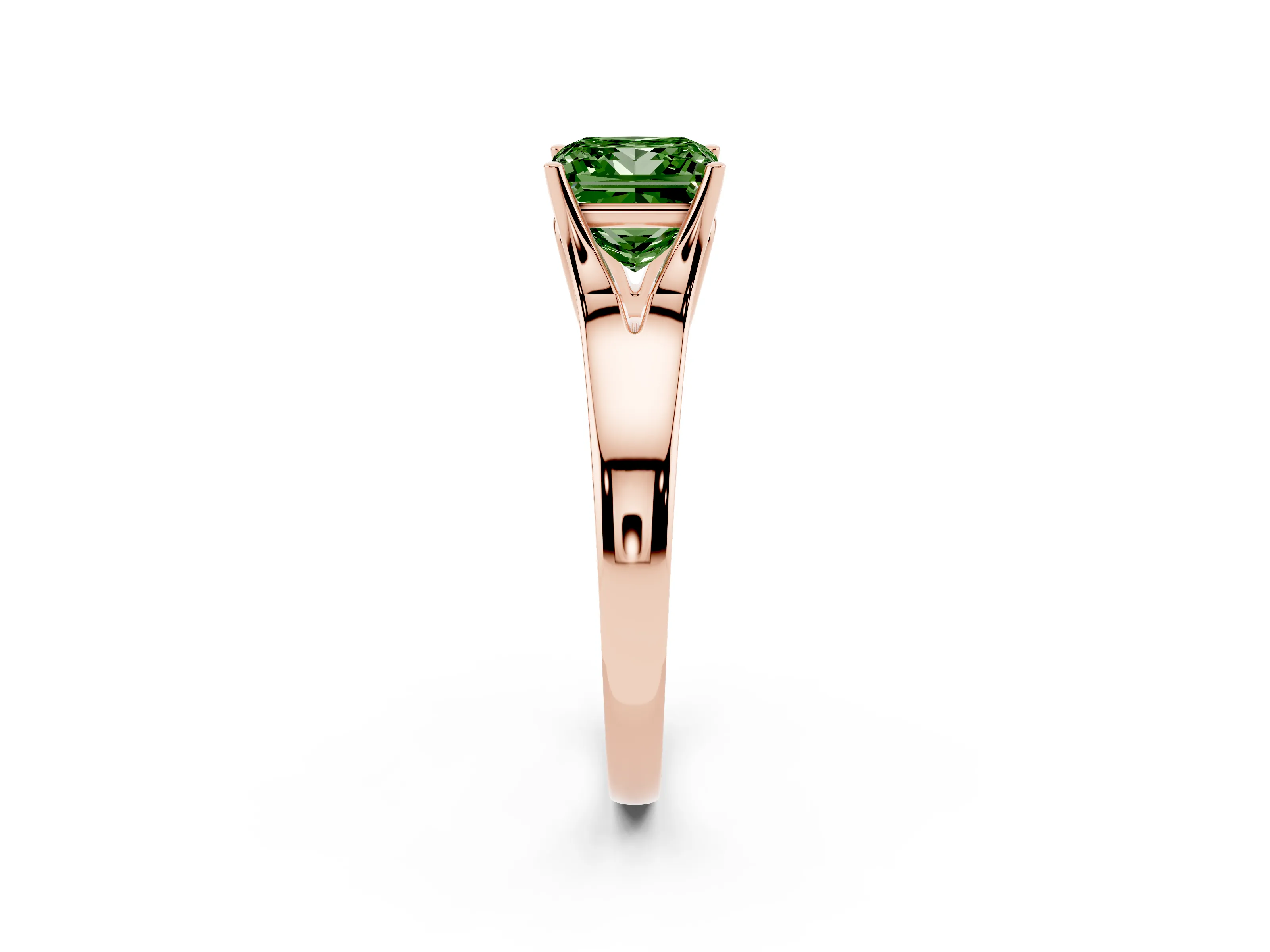 Fancy Green Princess Cut Diamond Solitaire Ring Set in Rose gold with Arched Cathedral Band and Prong Setting