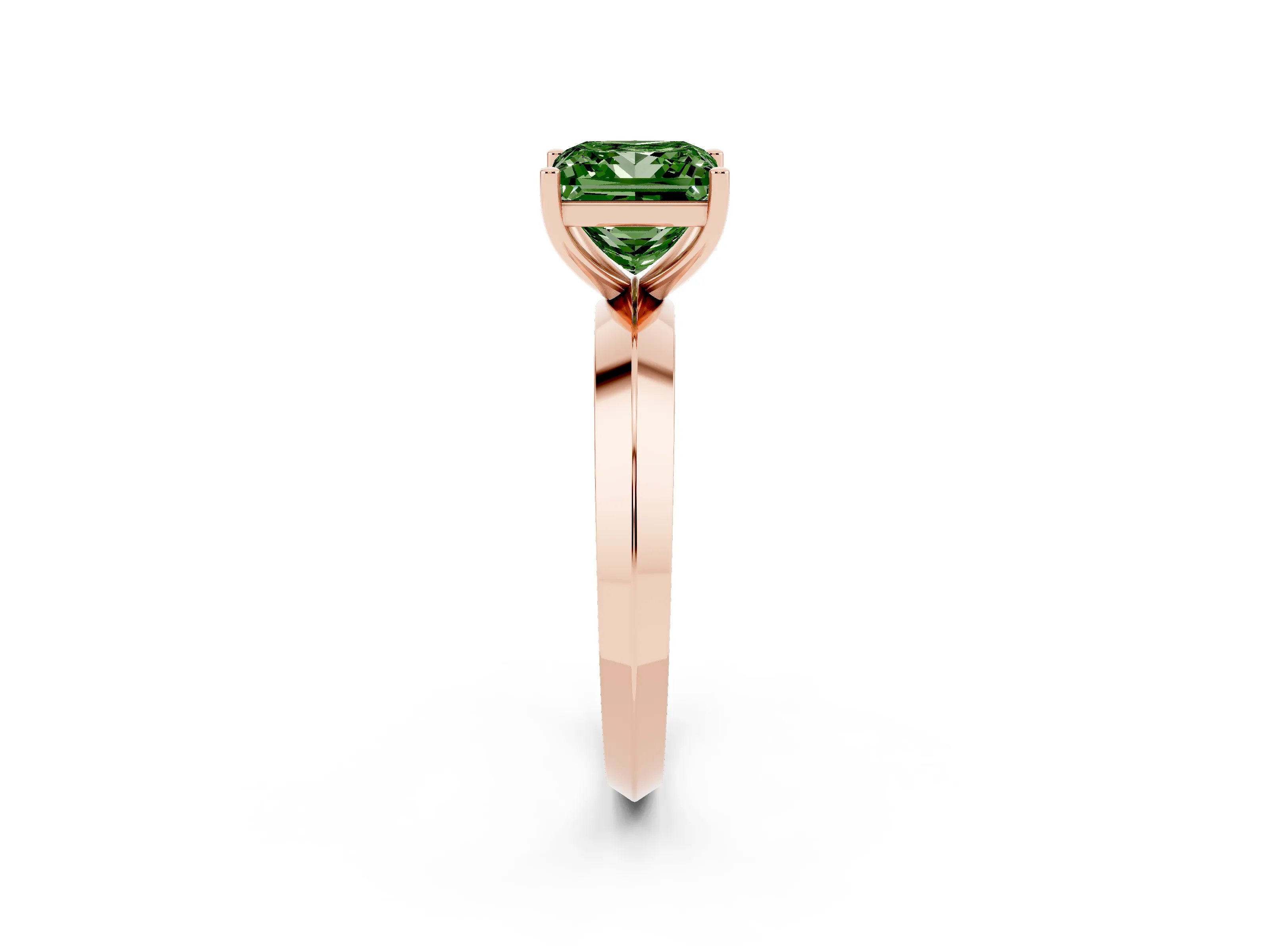Fancy Green Princess Cut Diamond Solitaire Engagement Ring Set in Rose gold with Flat Band and Prong Setting