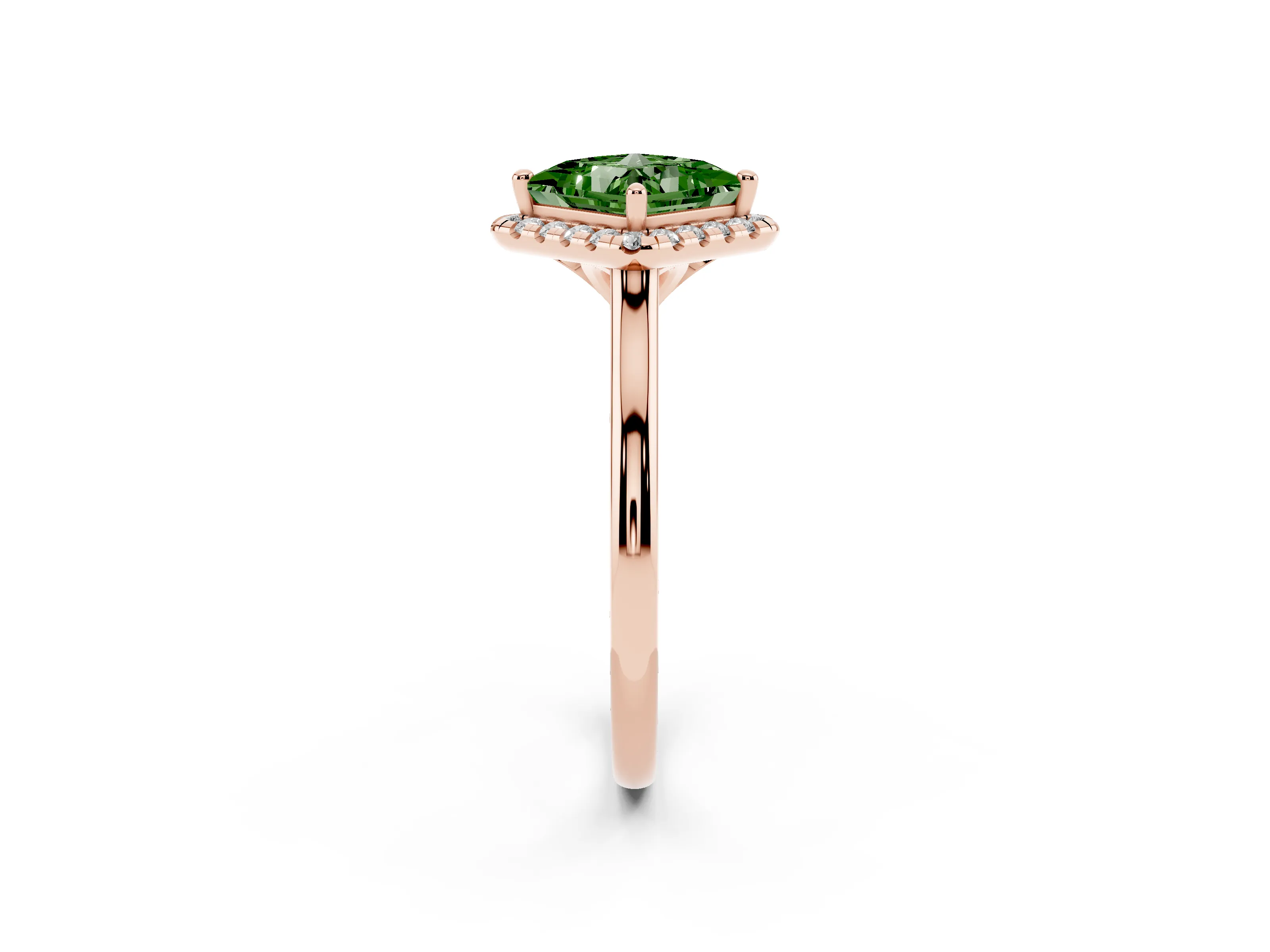 Fancy Green Princess Cut Diamond Halo Engagement Ring Set in Rose gold with Pavé Band and Rising Shoulders