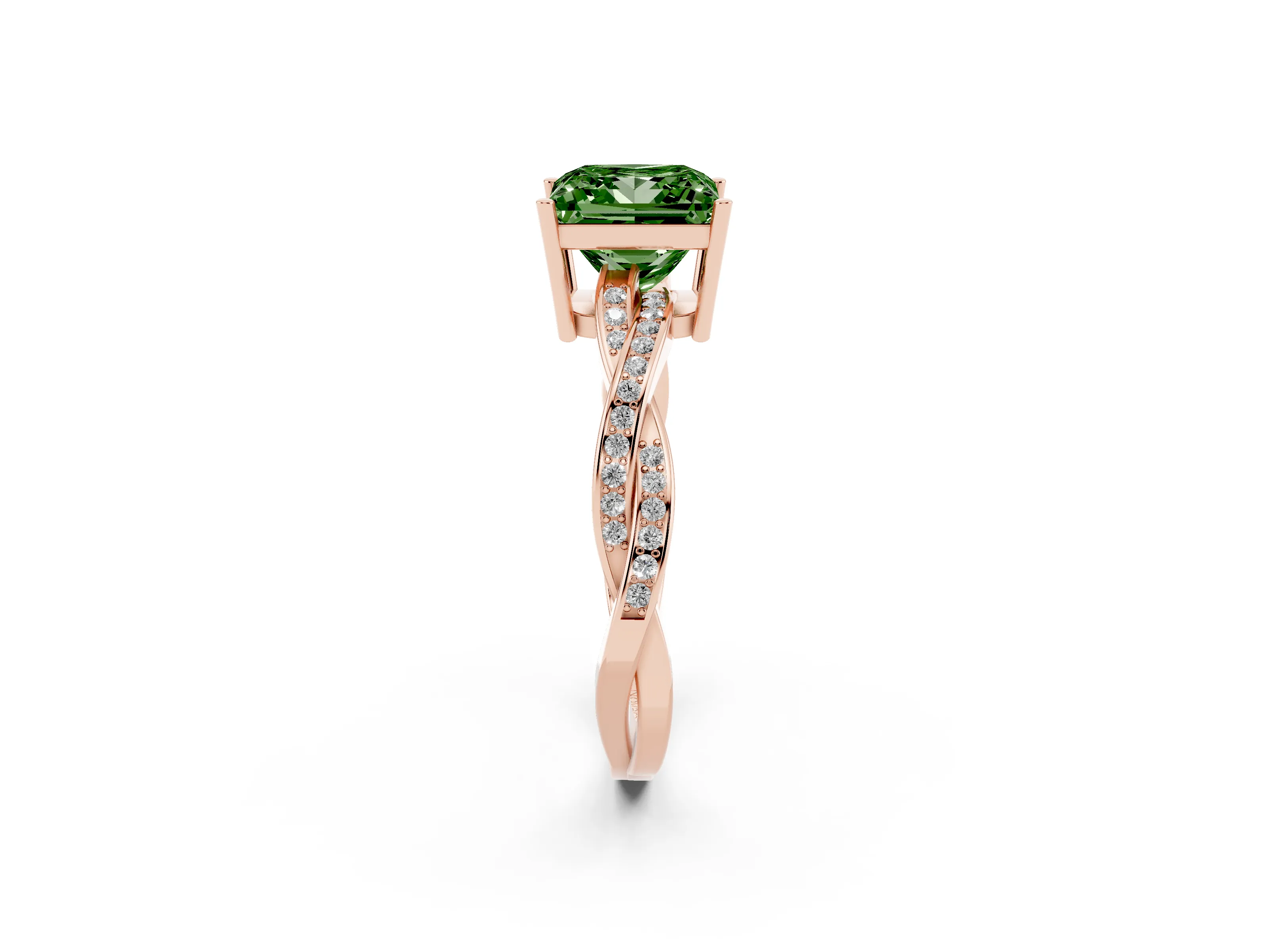 Fancy Green Princess Cut Diamond Solitaire Twisted Pavé Ring Set in Rose gold with Prong Setting