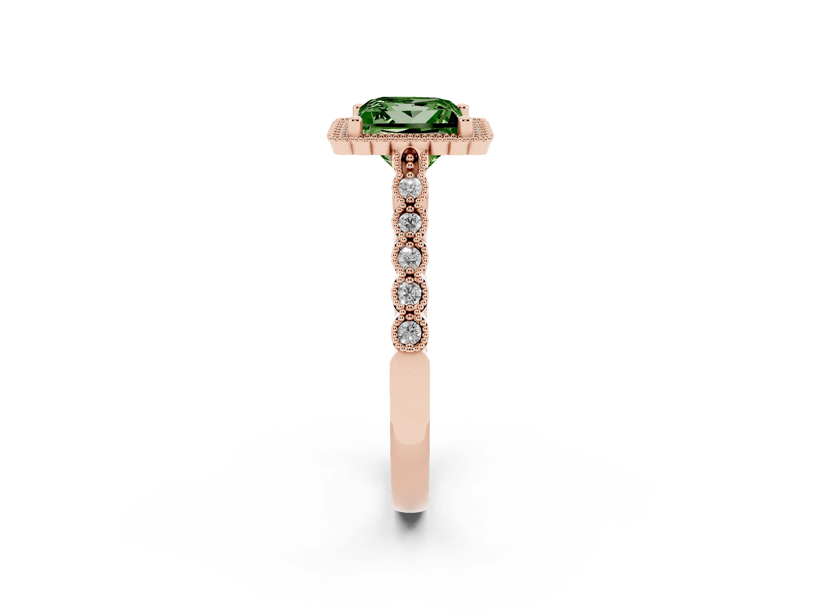 Fancy Green Princess Cut Diamond Halo Ring Set in Rose gold with Pavé Milgrain Band