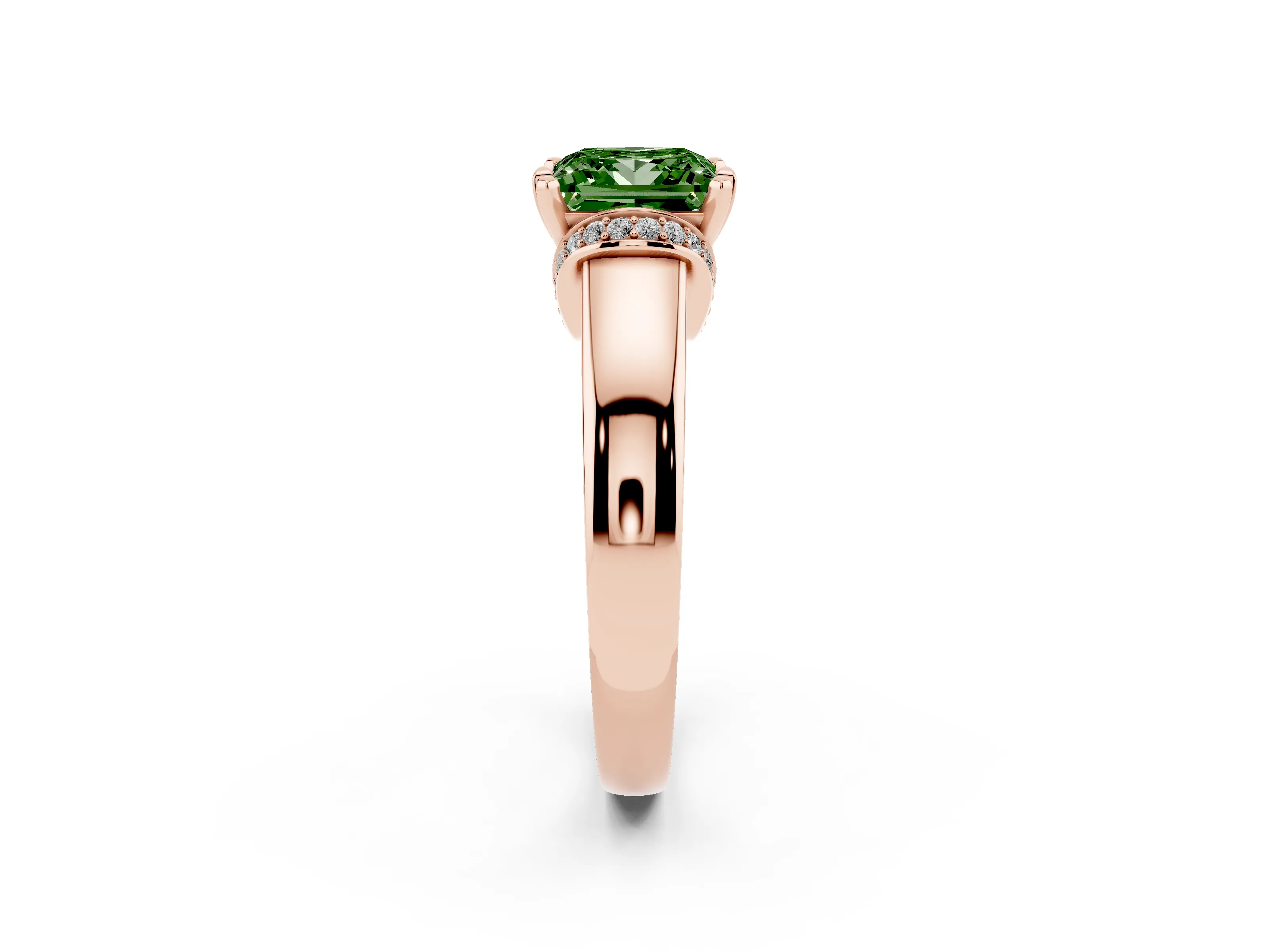 Fancy Green Princess Cut Diamond Pavé Band Solitaire Ring Set in Rose gold with Prong Setting