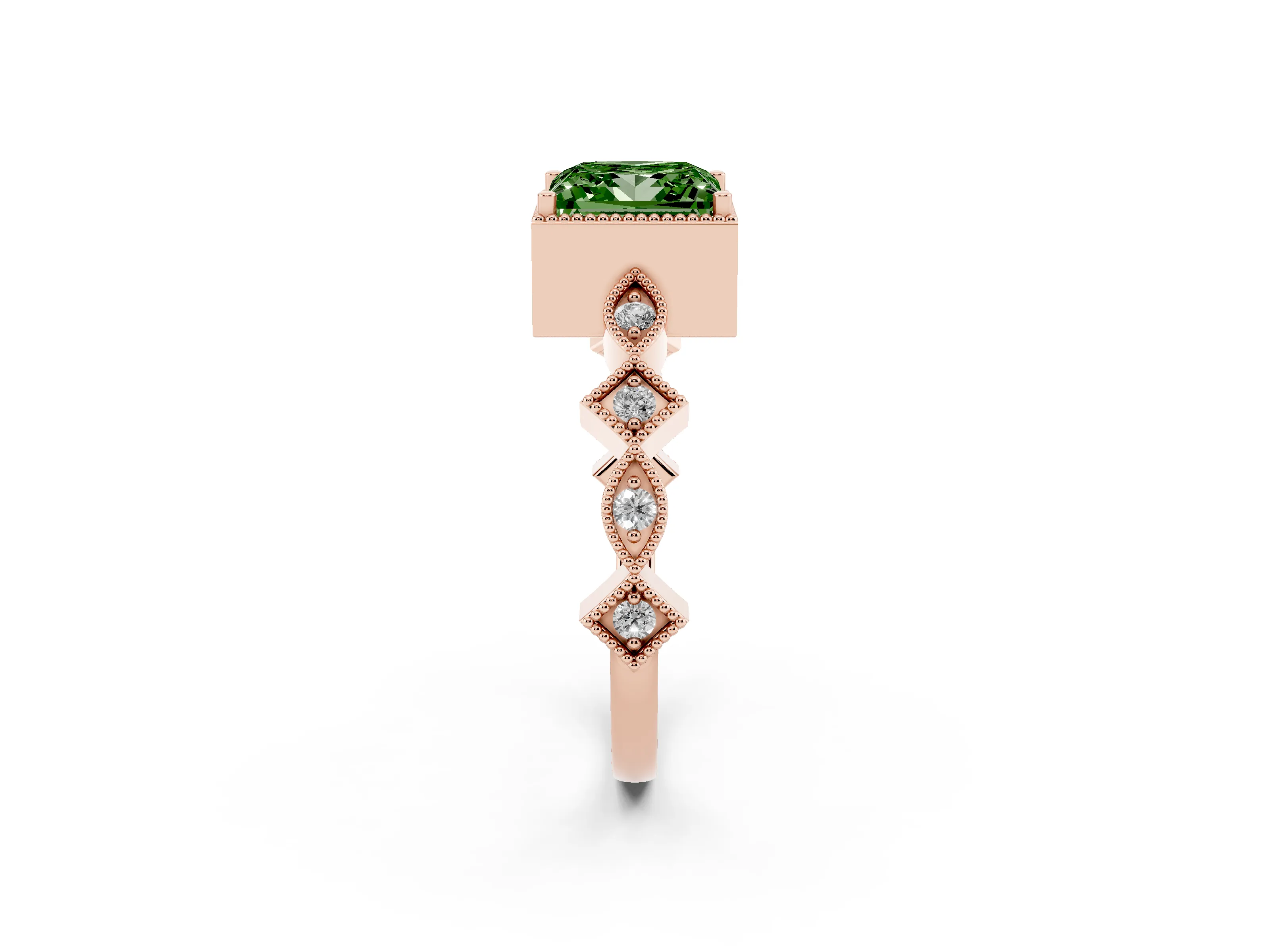 Fancy Green Princess Cut Diamond Milgrain Marquise Twist Band Ring Set in Rose gold with Prong Setting