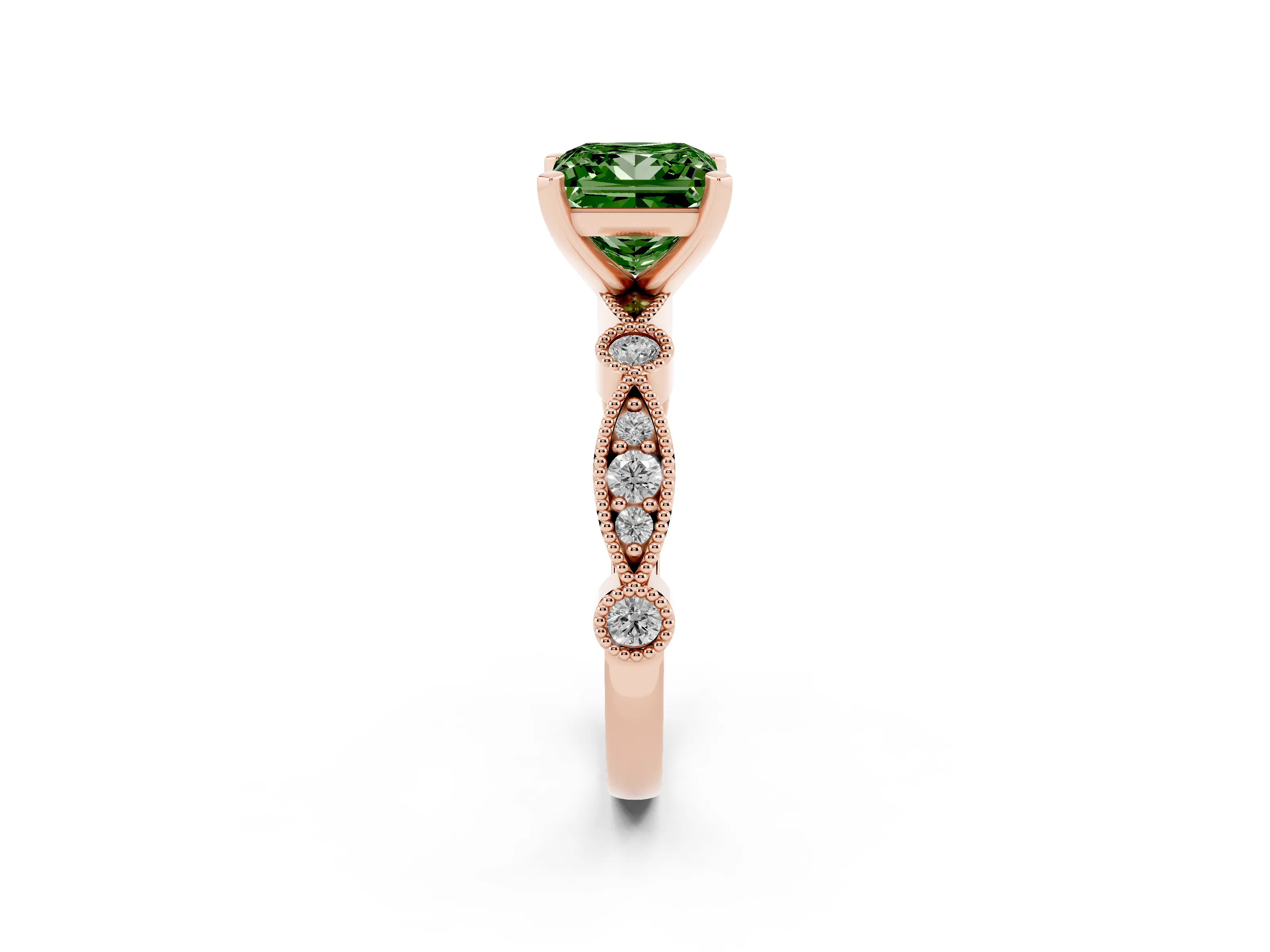Fancy Green Princess Cut Diamond Solitaire Engagement Ring Set in Rose gold with Milgrain Bezel Accent Band