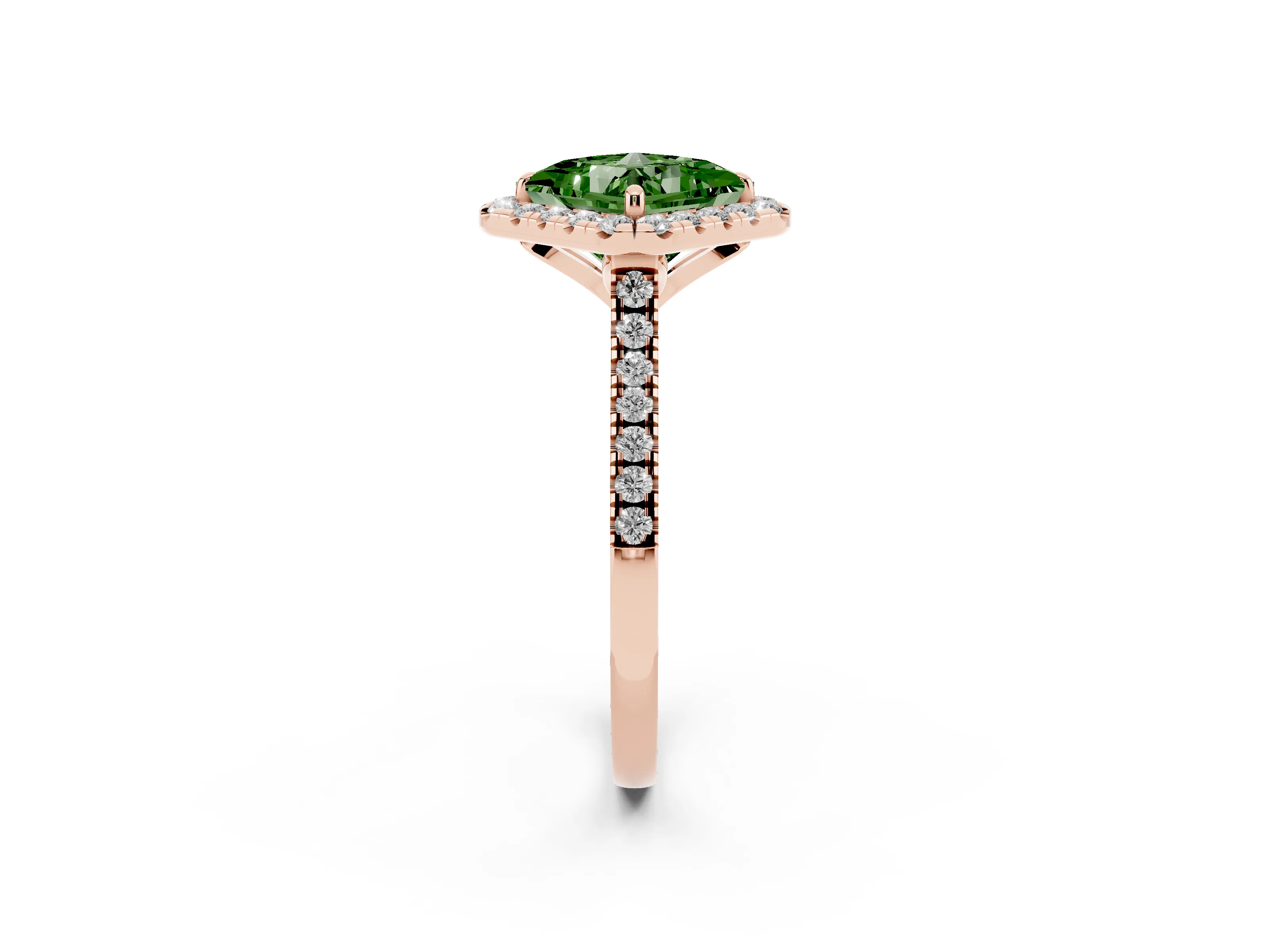 Fancy Green Princess Cut Diamond Cushion Halo Ring Set in Rose gold with Pavé Band
