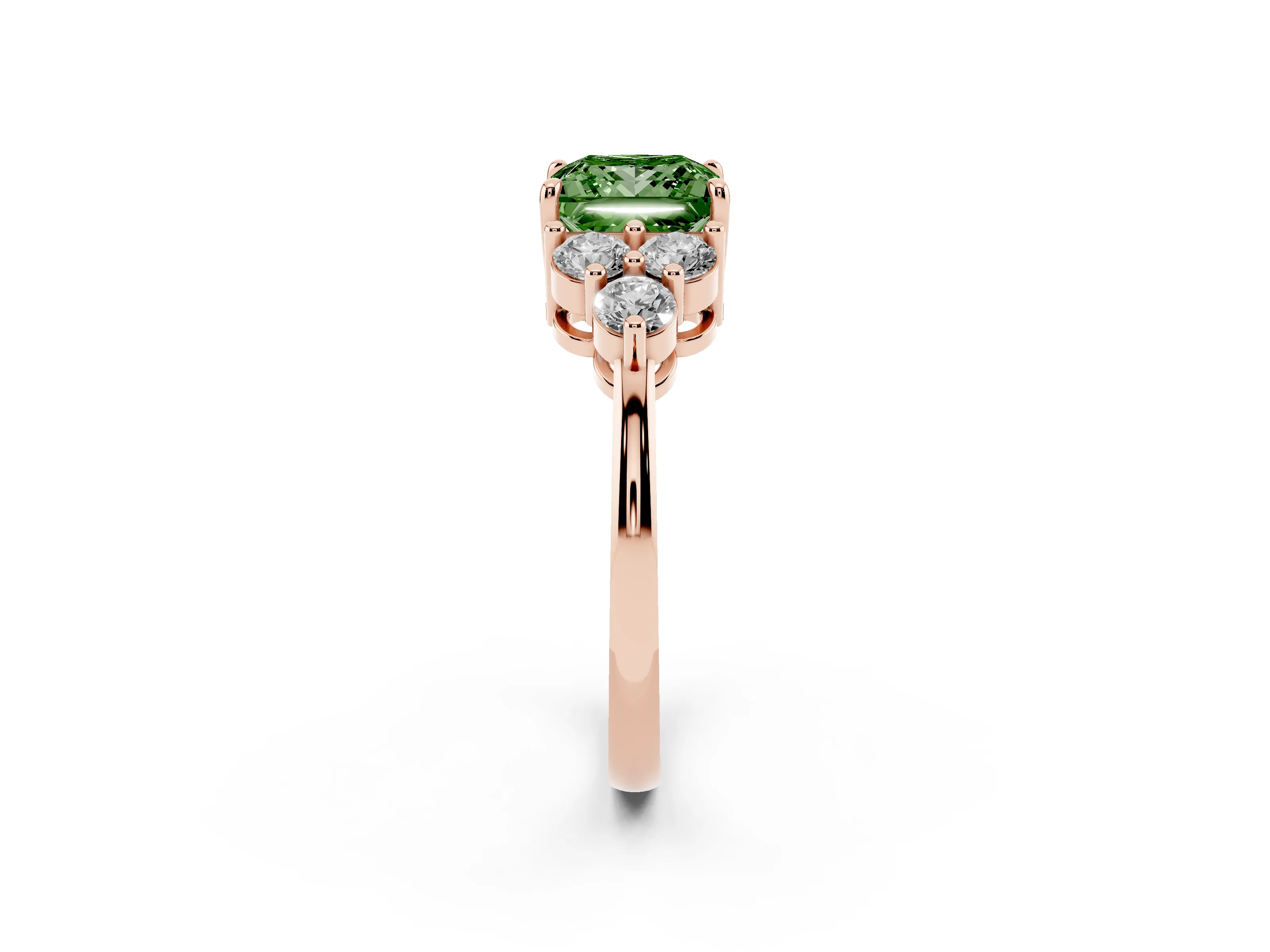 Fancy Green Princess Cut Diamond Solitaire Ring Set in Rose gold with Cluster Accents on Each Side