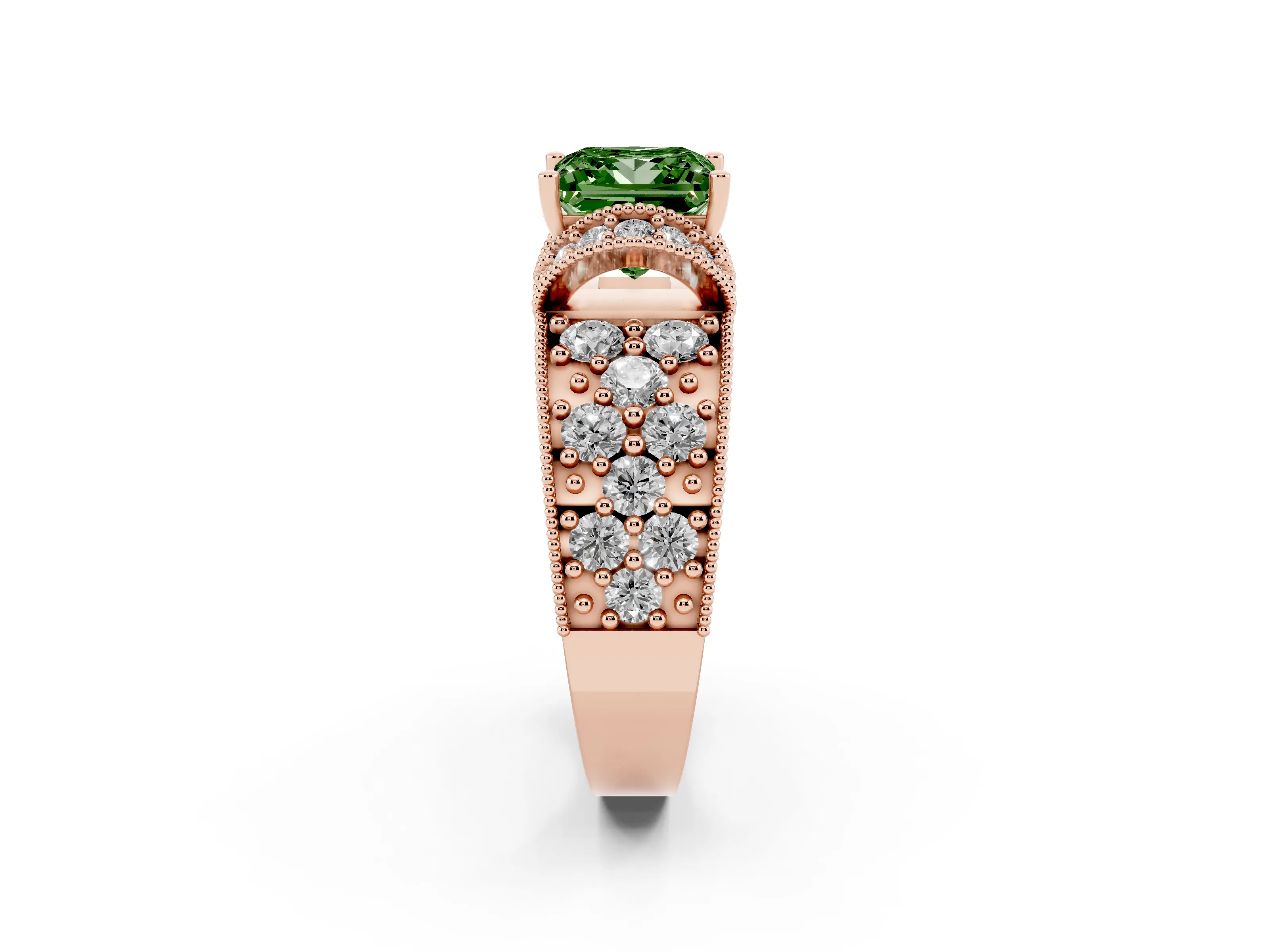 Fancy Green Princess Cut Diamond Milgrain Halo Pavé Engagement Ring Set in Rose gold with Prong Setting