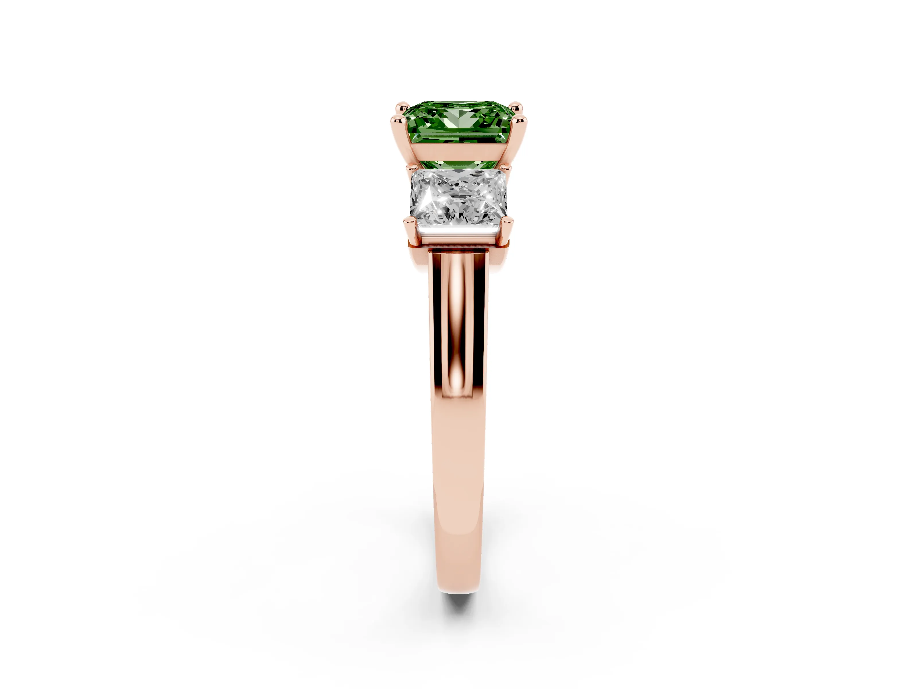 Fancy Green Princess Cut Diamond Three-Stone Trellis Ring Set in Rose gold with Comfort Fit Band