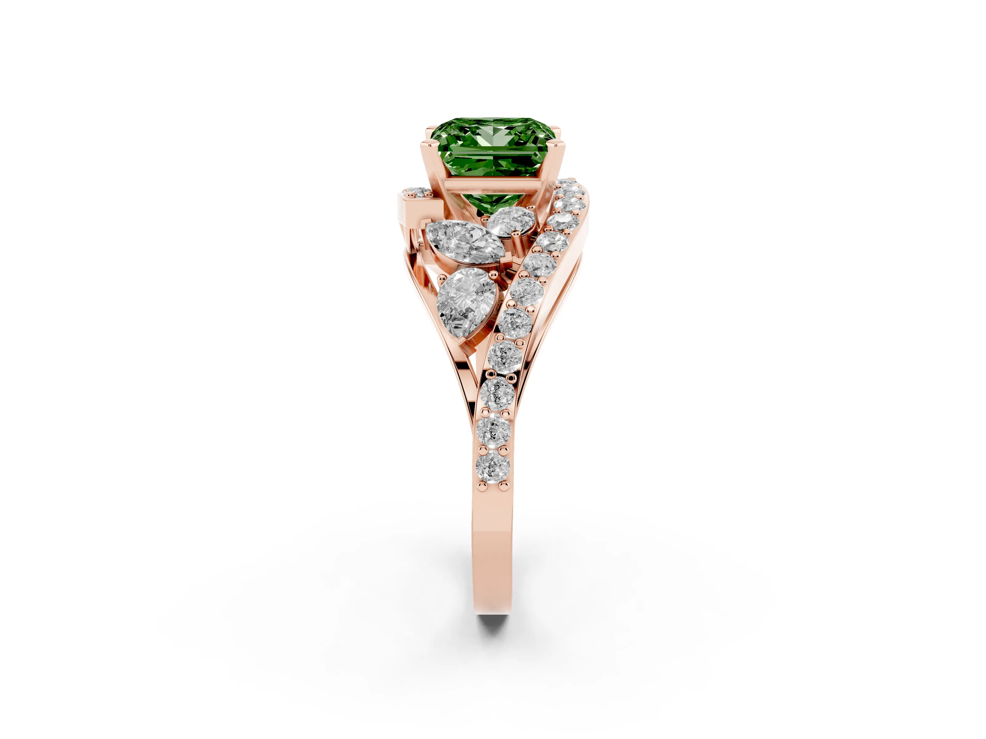Fancy Green Princess Cut Diamond Halo Ring Set in Rose gold with Marquise and Pavé Band in Prong Setting