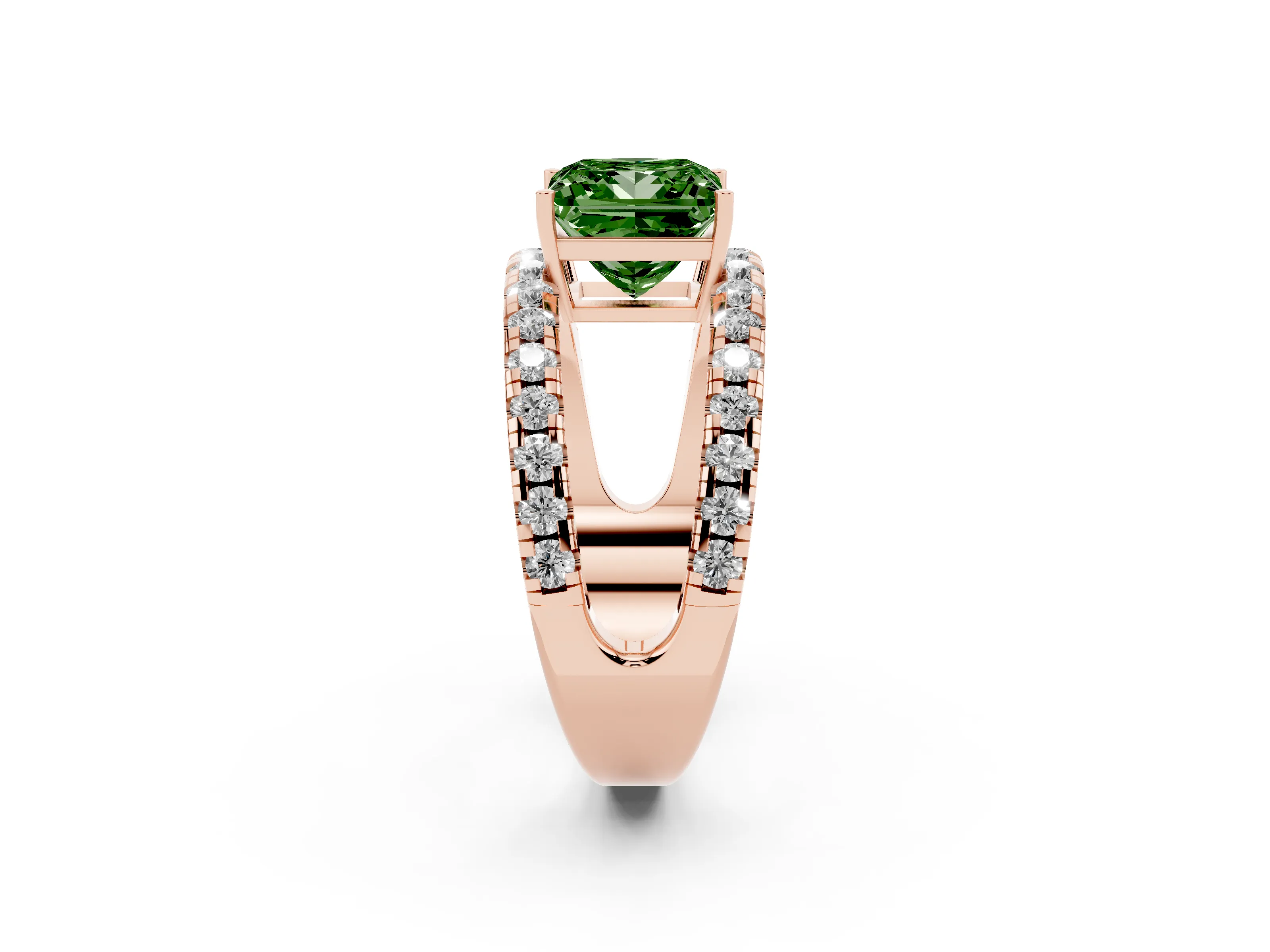 Fancy Green Princess Cut Diamond Split Shank Pavé Solitaire Ring Set in Rose gold with Open Shank Design