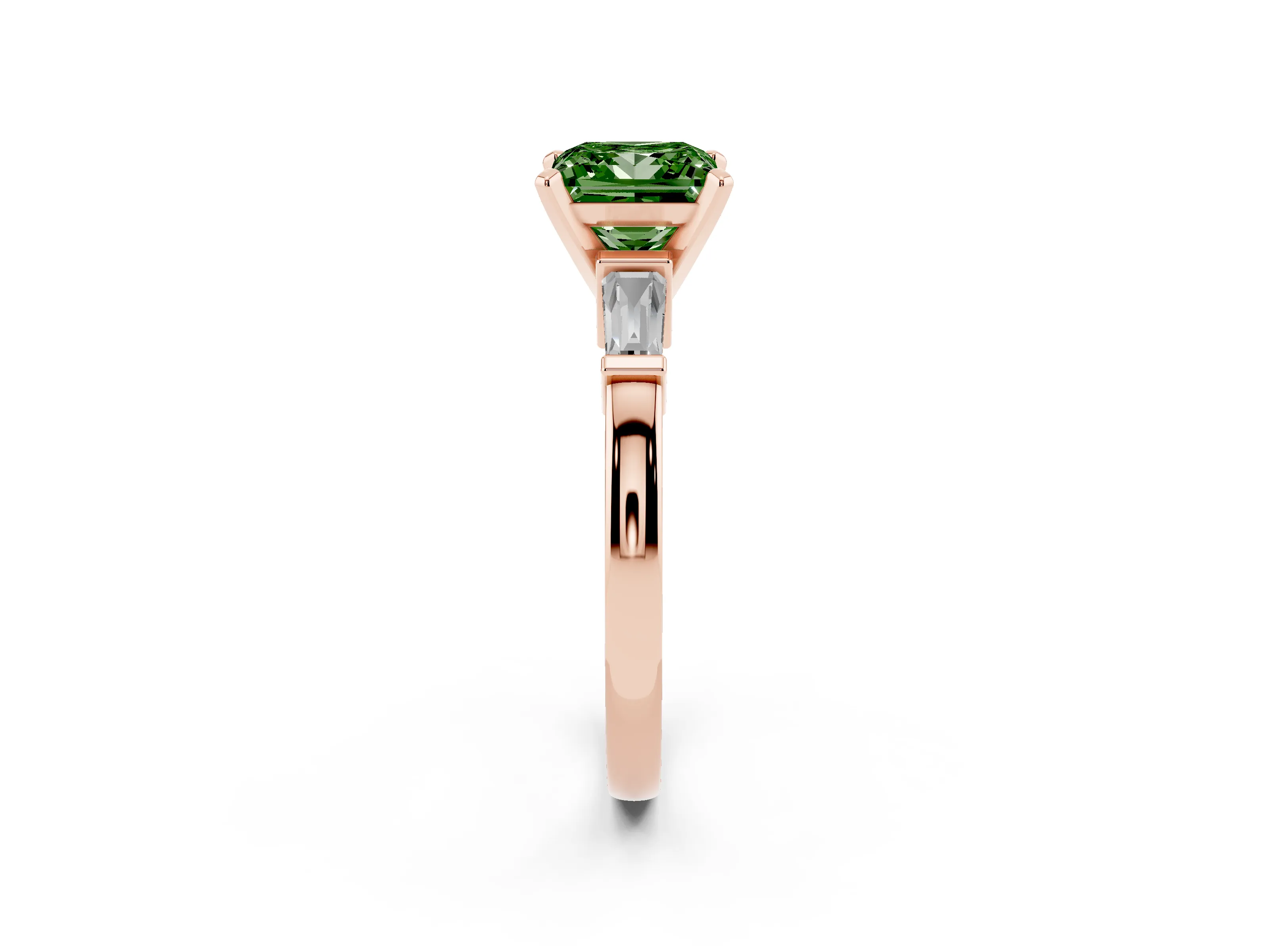 Fancy Green Princess Cut Diamond Solitaire Ring Set in Rose gold with Tapered Baguette Accents and Prong Setting