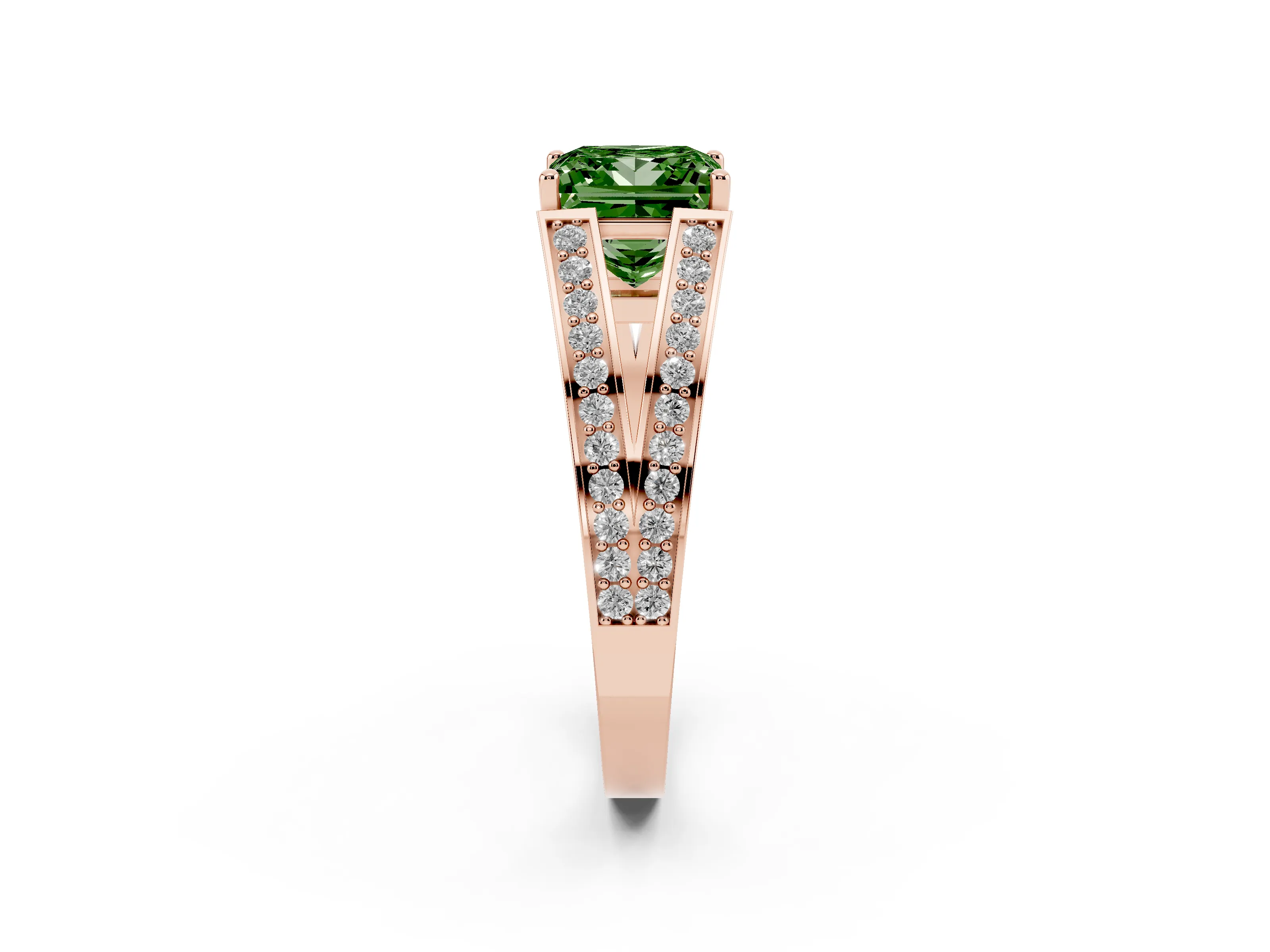 Fancy Green Princess Cut Diamond Split Shank Ring Set in Rose gold with Pavé Band and Prong Setting