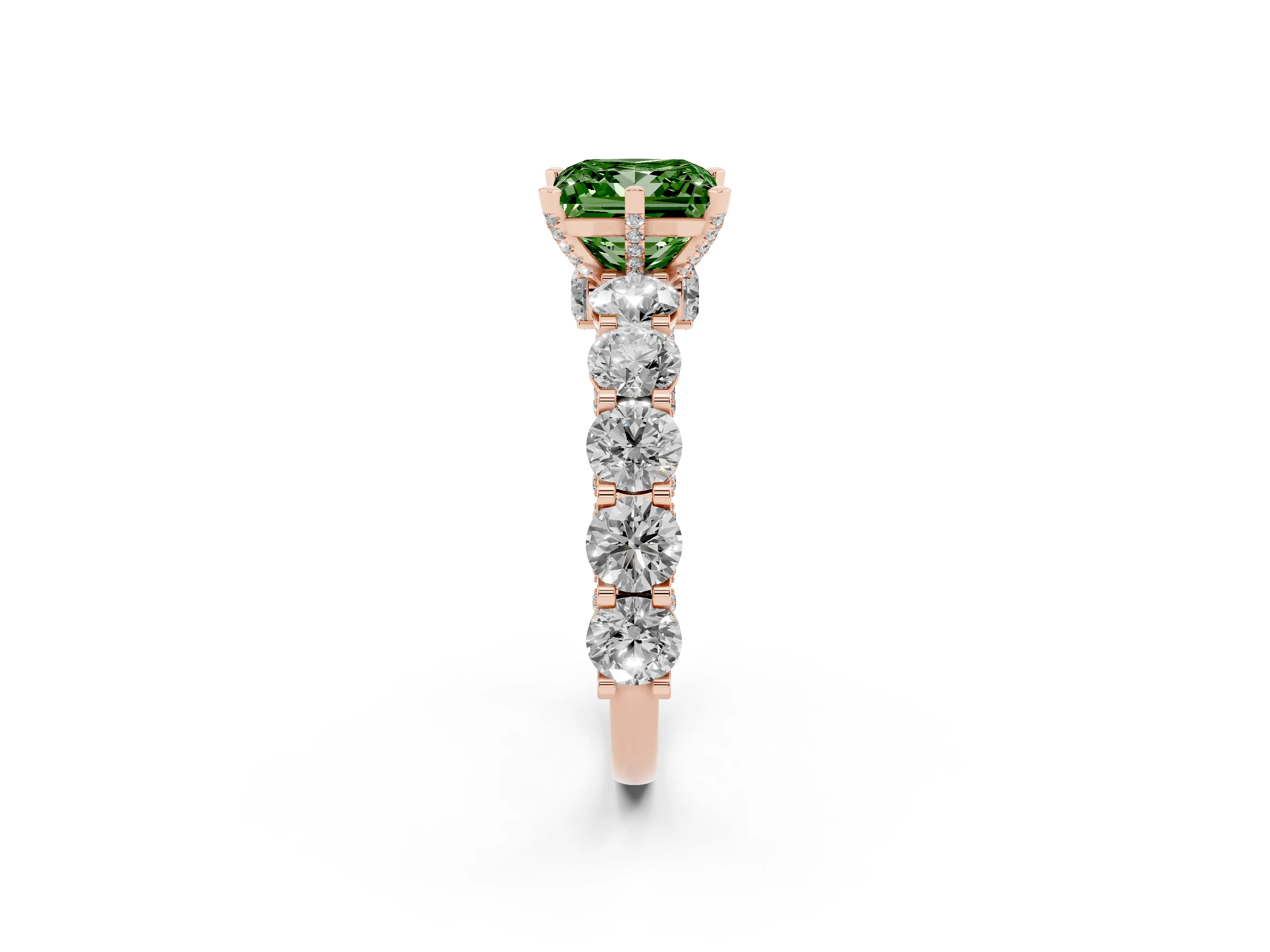 Fancy Green Princess Cut Diamond Side Stone Ring Set in Rose gold with Alternating Round and Oval Side Stones
