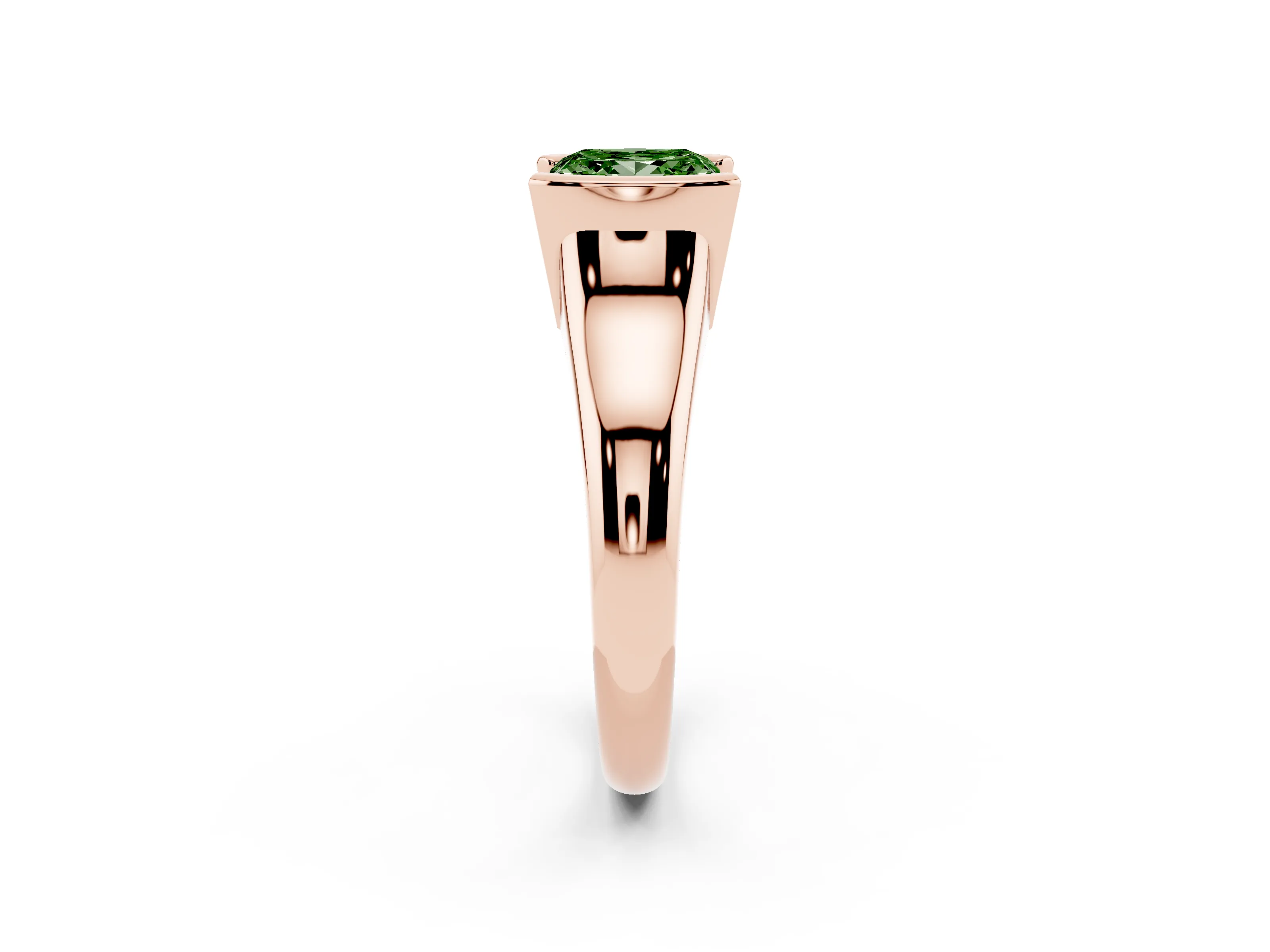 Fancy Green Princess Cut Diamond Solitaire Tension Set Ring Set in Rose gold with Split Shank Band