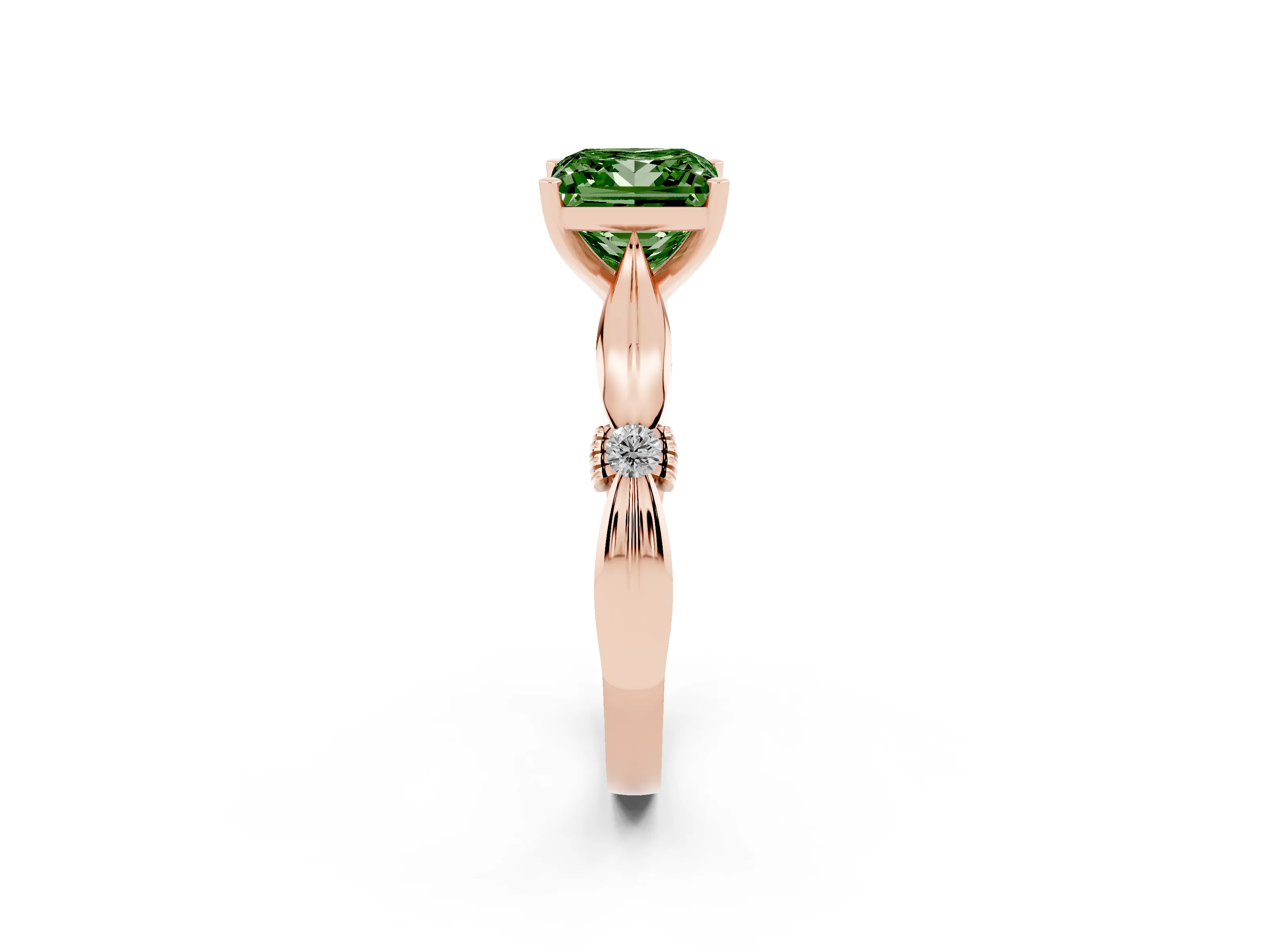 Fancy Green Princess Cut Diamond Solitaire Twisted Band Ring Set in Rose gold with Accent Stones and Prong Setting