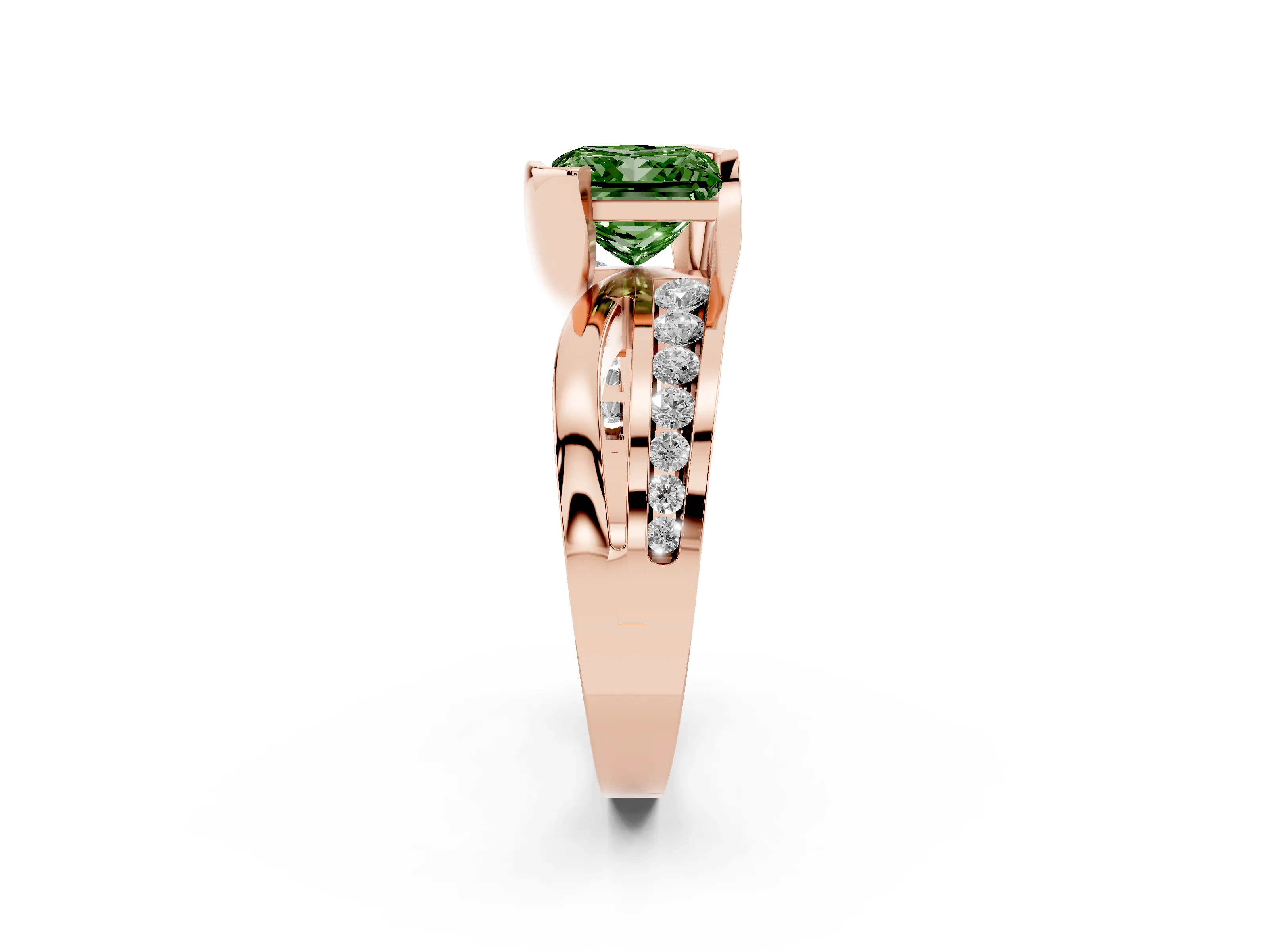Fancy Green Princess Cut Diamond Solitaire Ring Set in Rose gold with Channel Set Split Shank and Tension Prongs