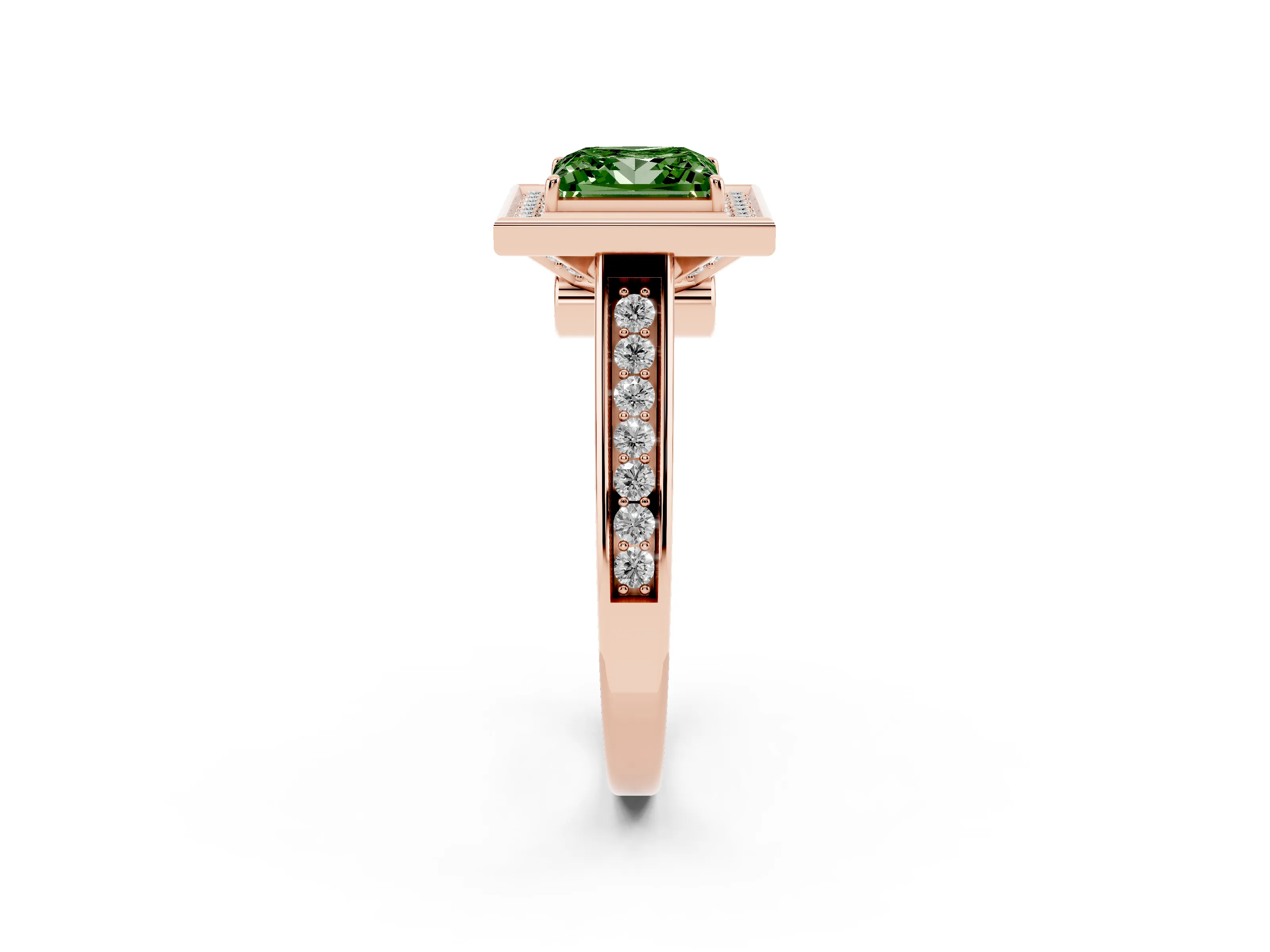 Fancy Green Princess Cut Diamond Halo Solitaire Ring Set in Rose gold with Pavé Band and Bezel Setting