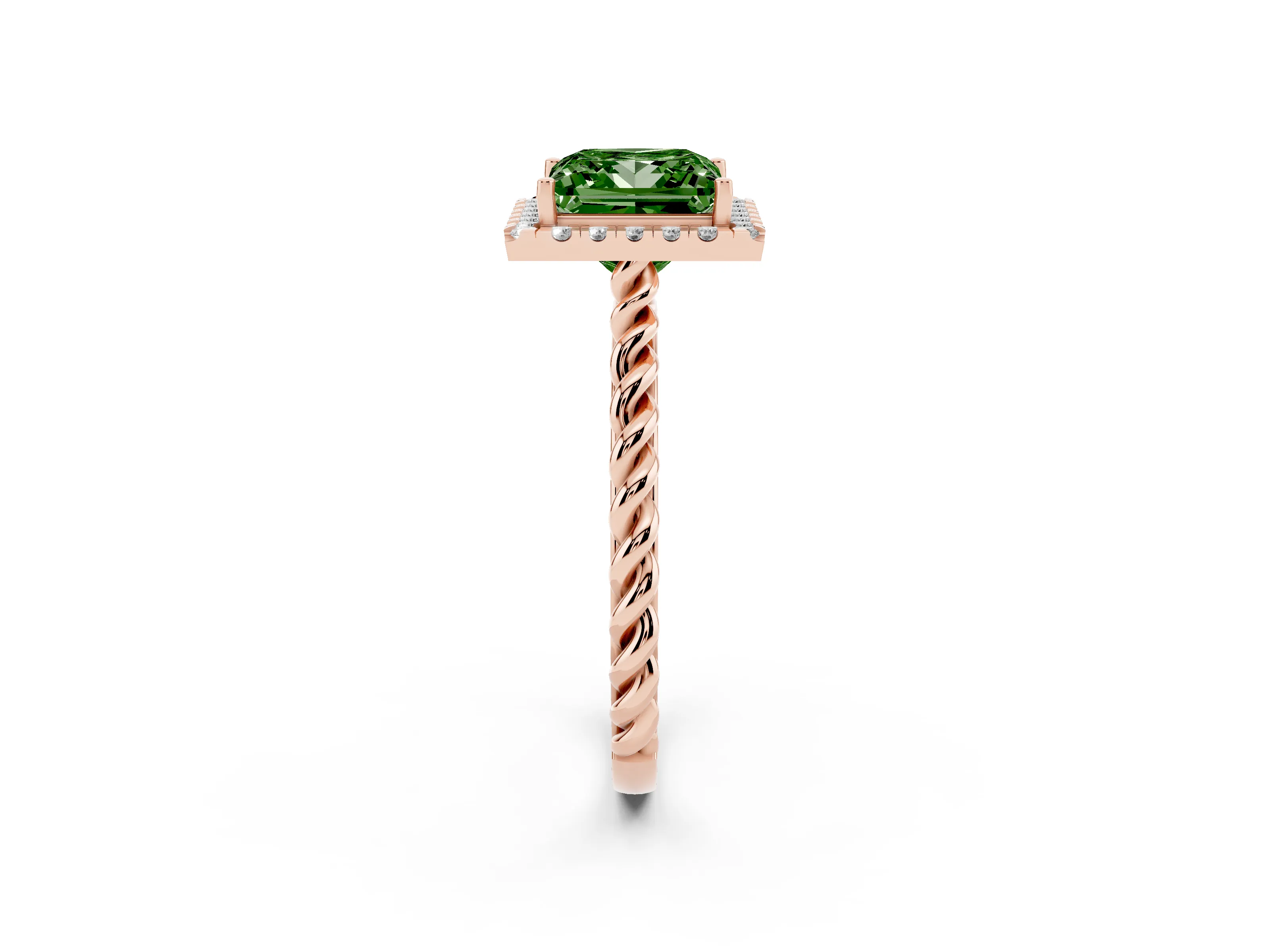 Fancy Green Princess Cut Diamond Halo Ring Set in Rose gold with Plain Twisted Band