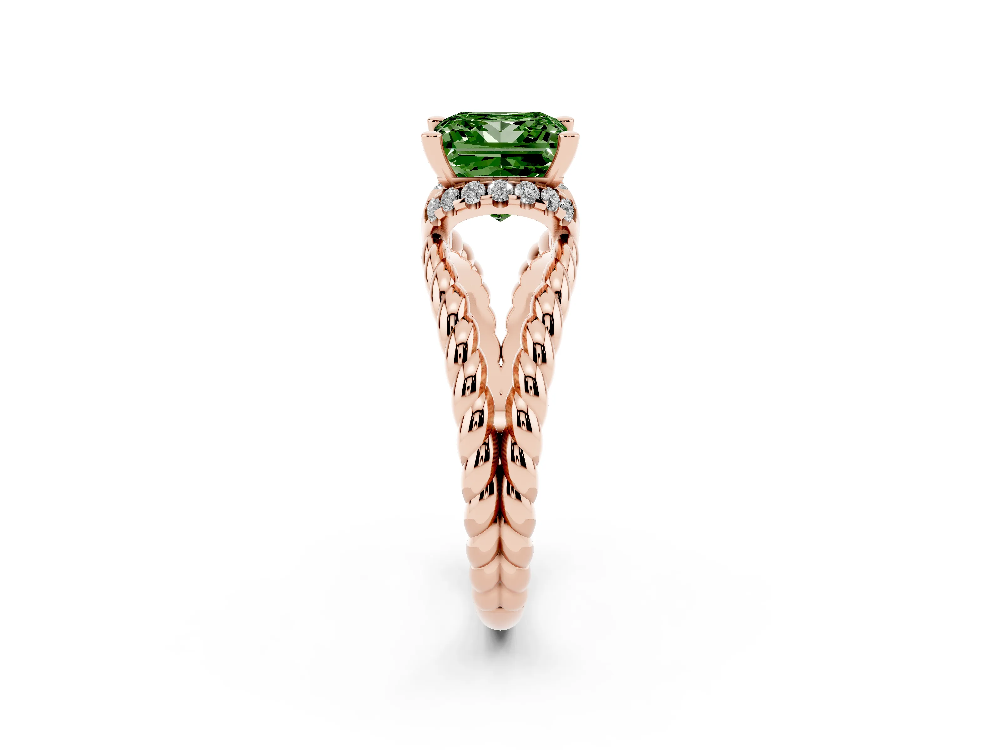 Fancy Green Princess Cut Diamond Halo Ring Set in Rose gold with Twisted Band and Prong Setting