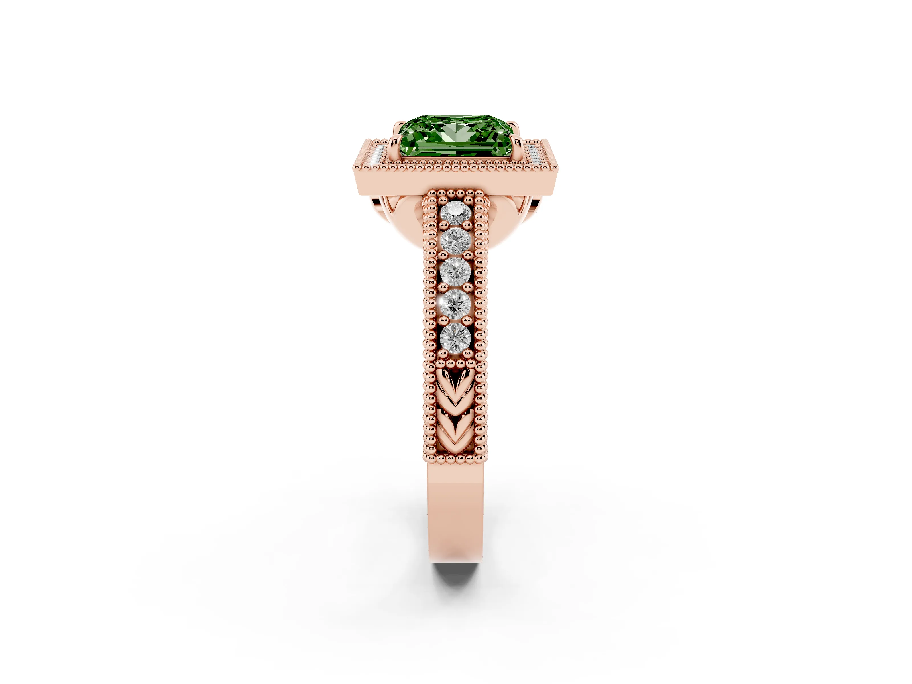 Fancy Green Princess Cut Diamond Halo Ring Set in Rose gold with Round Accent Halo, Pavé Band and Prong Setting