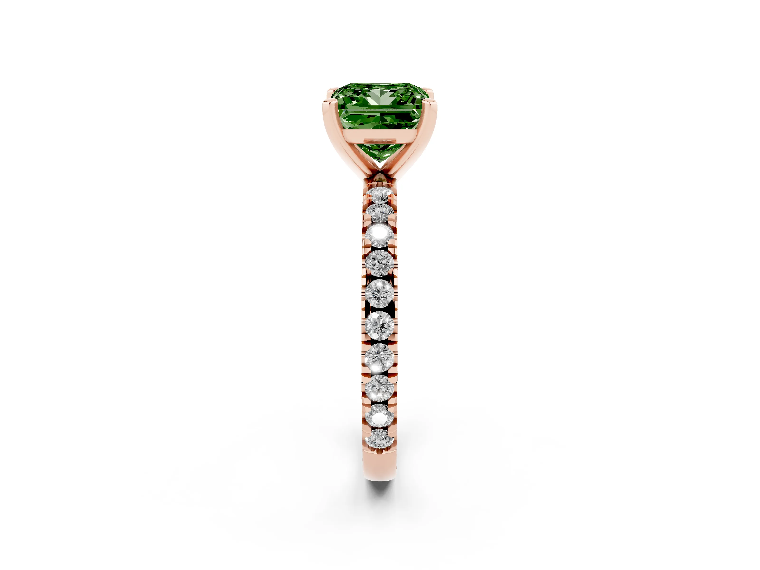 Fancy Green Princess Cut Diamond Pavé Band Solitaire Set in Rose gold with Prong Setting