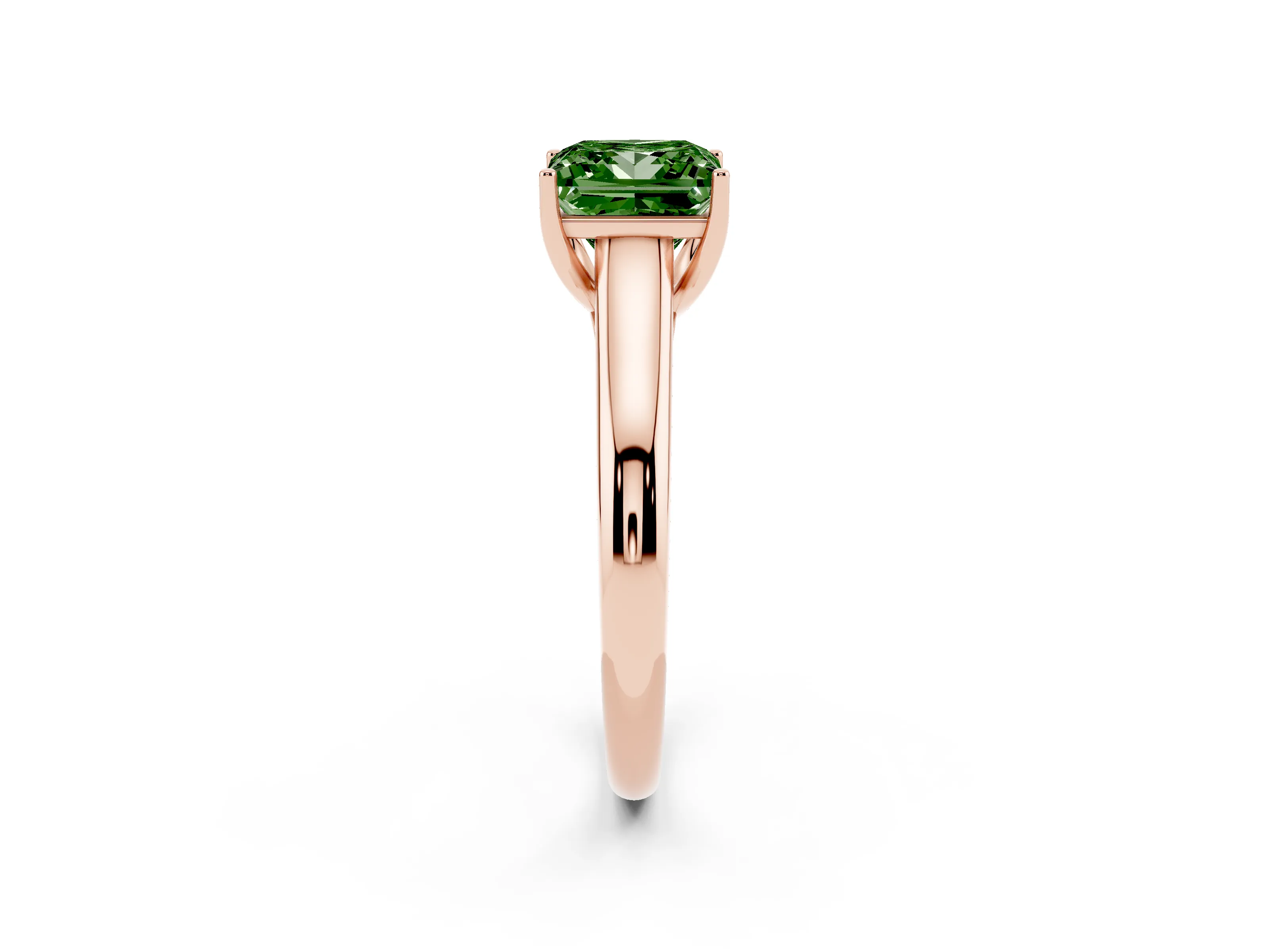 Fancy Green Princess Cut Diamond Solitaire Engagement Ring Set in Rose gold with Subtly Tapered Band and Prong Setting