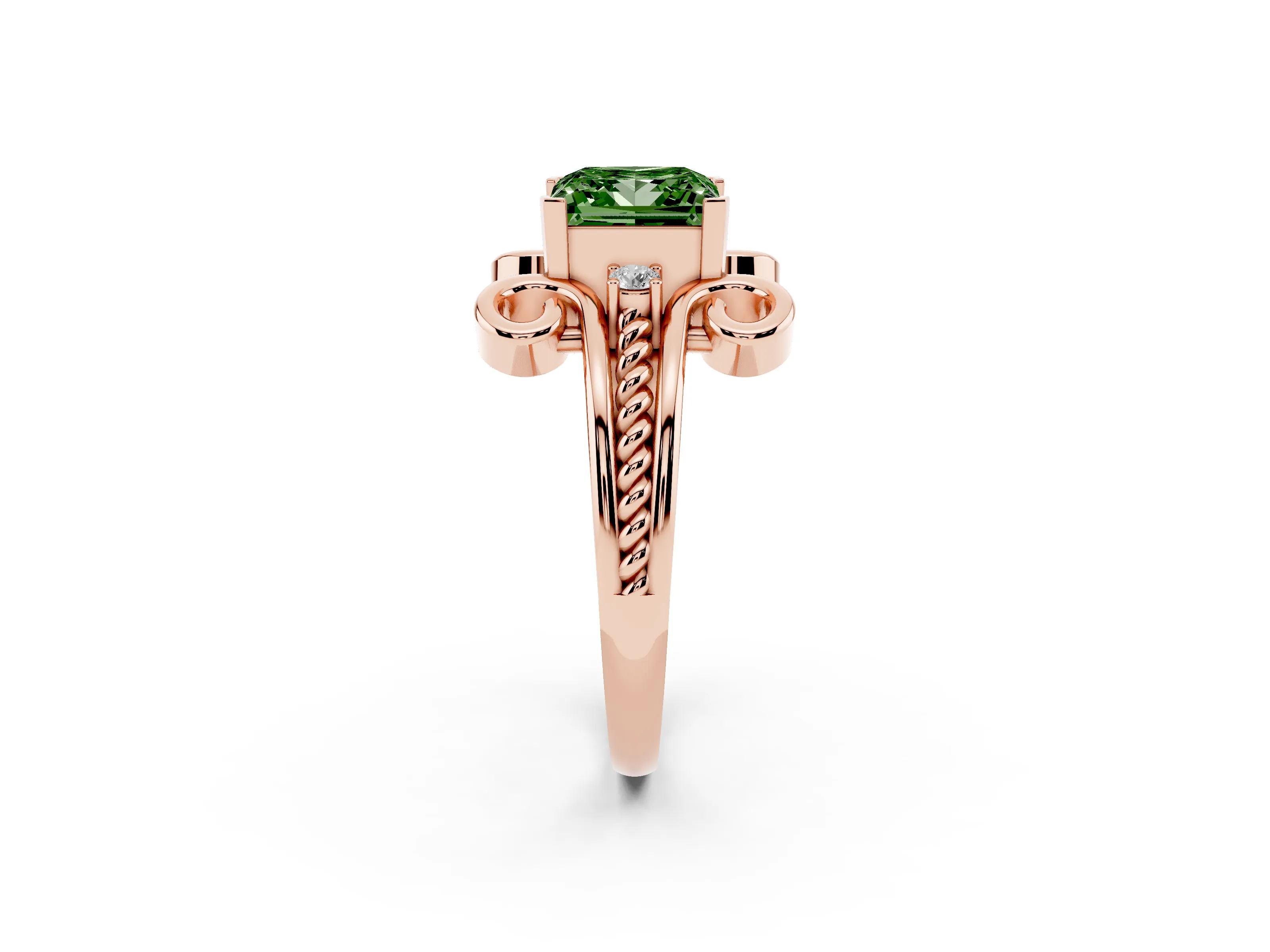 Fancy Green Princess Cut Diamond Twisted Band Solitaire Ring Set in Rose gold with Scroll Prongs