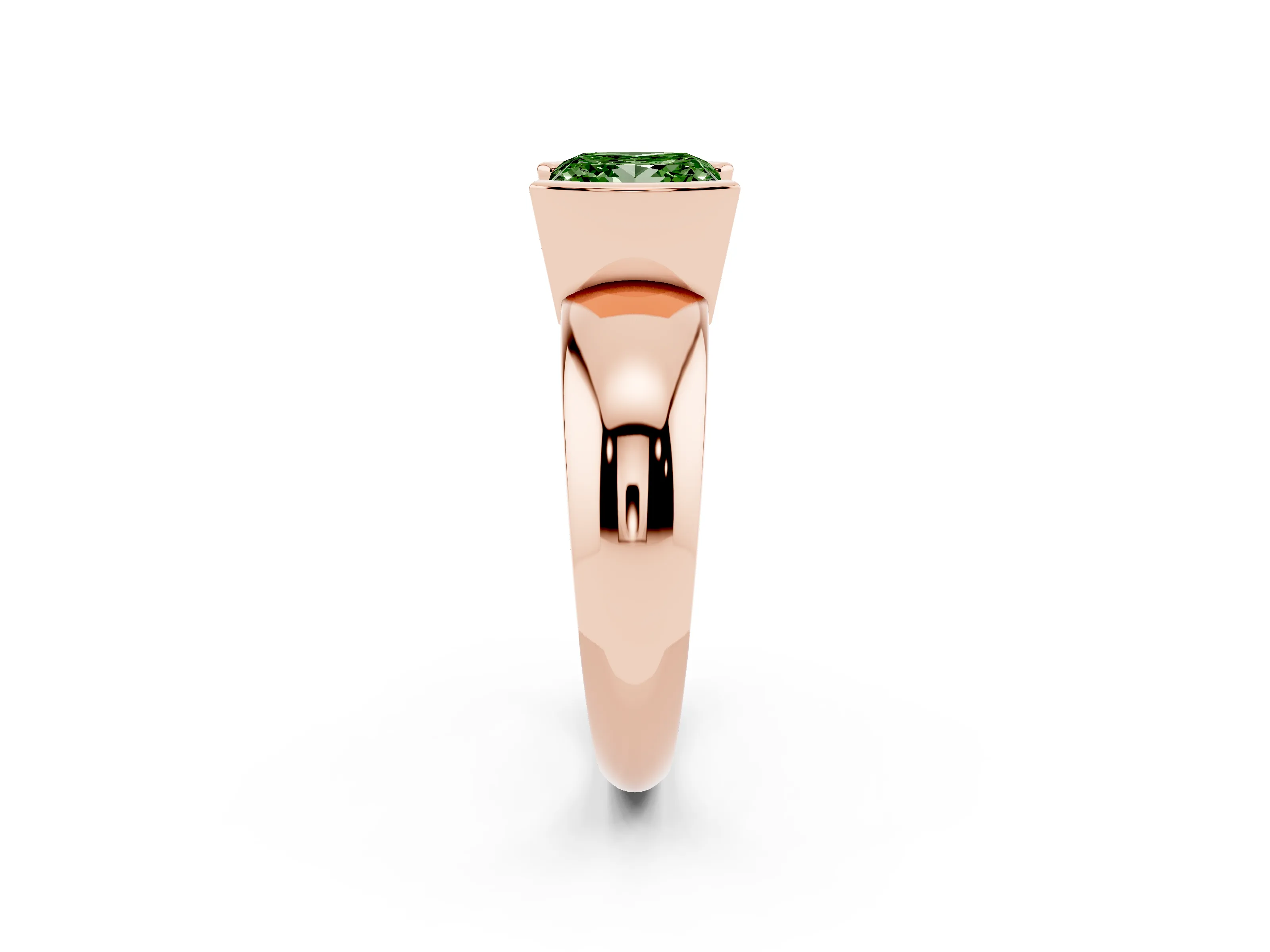 Fancy Green Princess Cut Diamond Solitaire Tension Set Ring Set in Rose gold with Wide Band