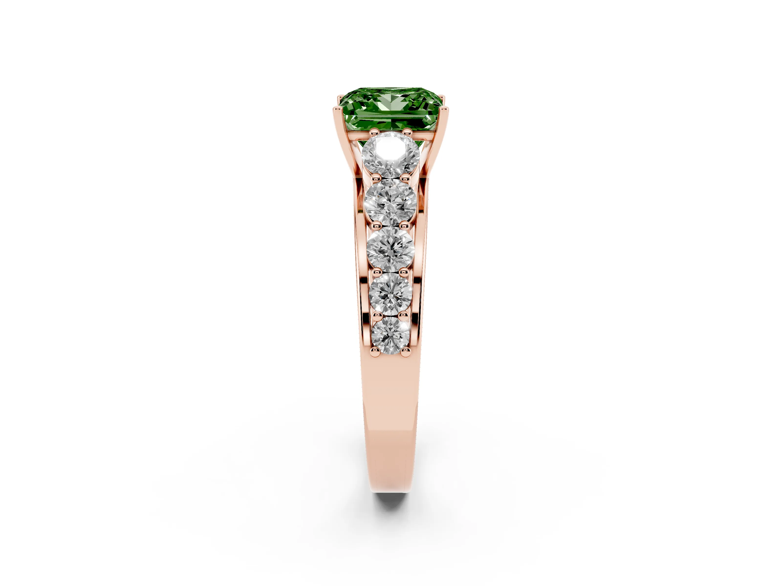 Fancy Green Princess Cut Diamond Solitaire Ring Set in Rose gold with Pavé-Set Band and Prong Setting
