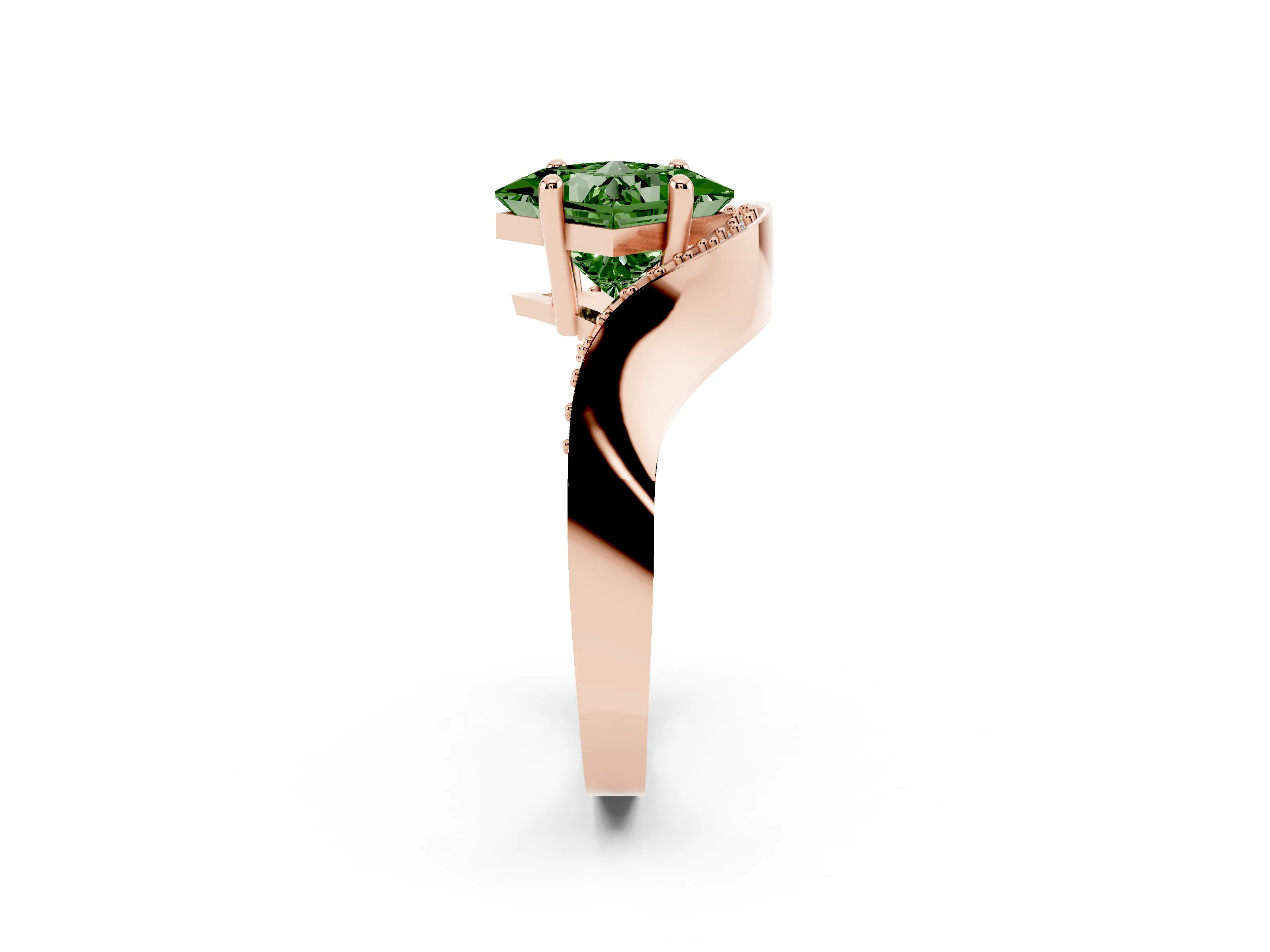 Fancy Green Princess Cut Diamond Solitaire Engagement Ring Set in Rose gold with Pavé Shoulders