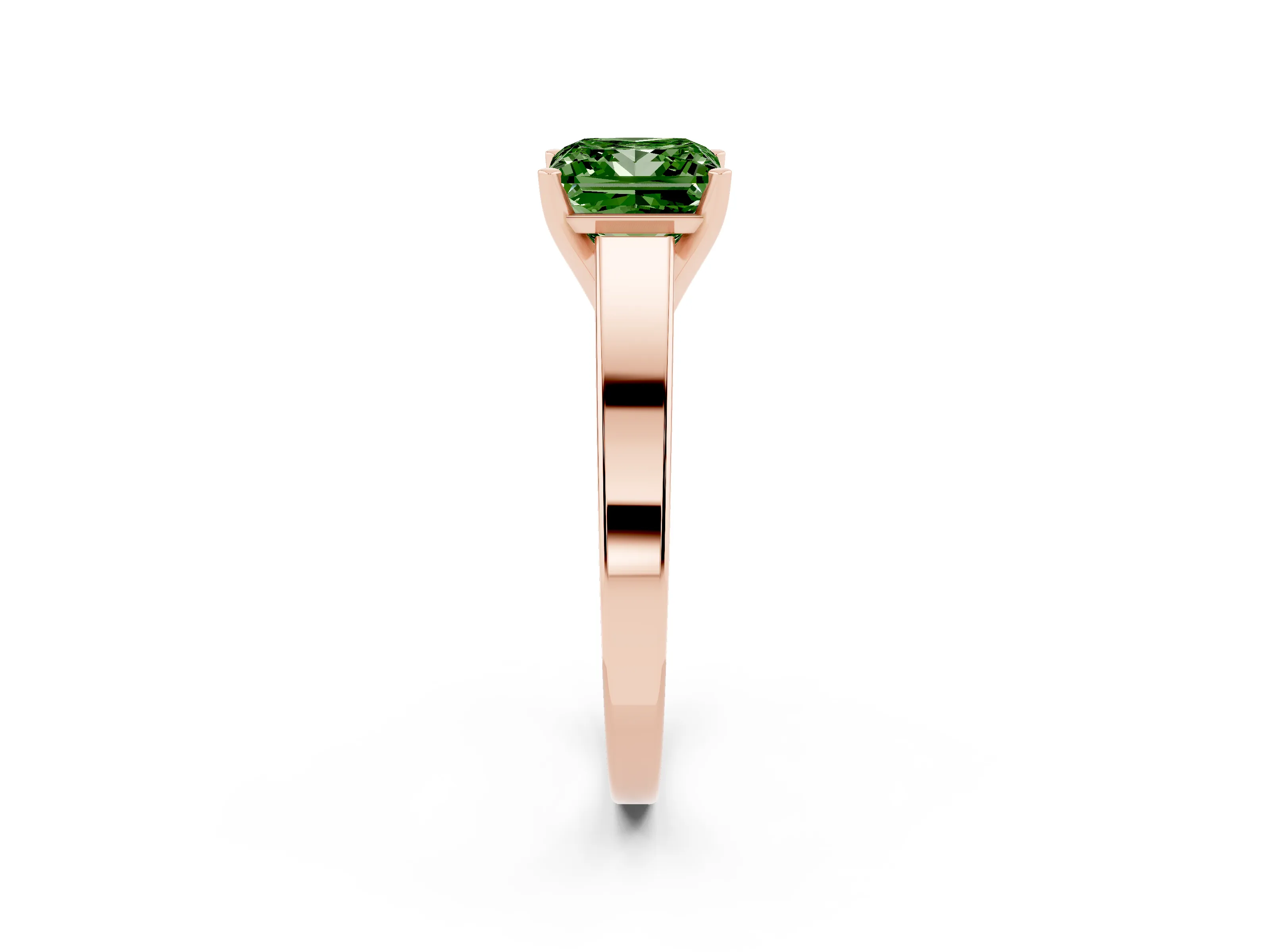 Fancy Green Princess Cut Diamond Solitaire Engagement Ring Set in Rose gold with Prong Setting and Tapered Band