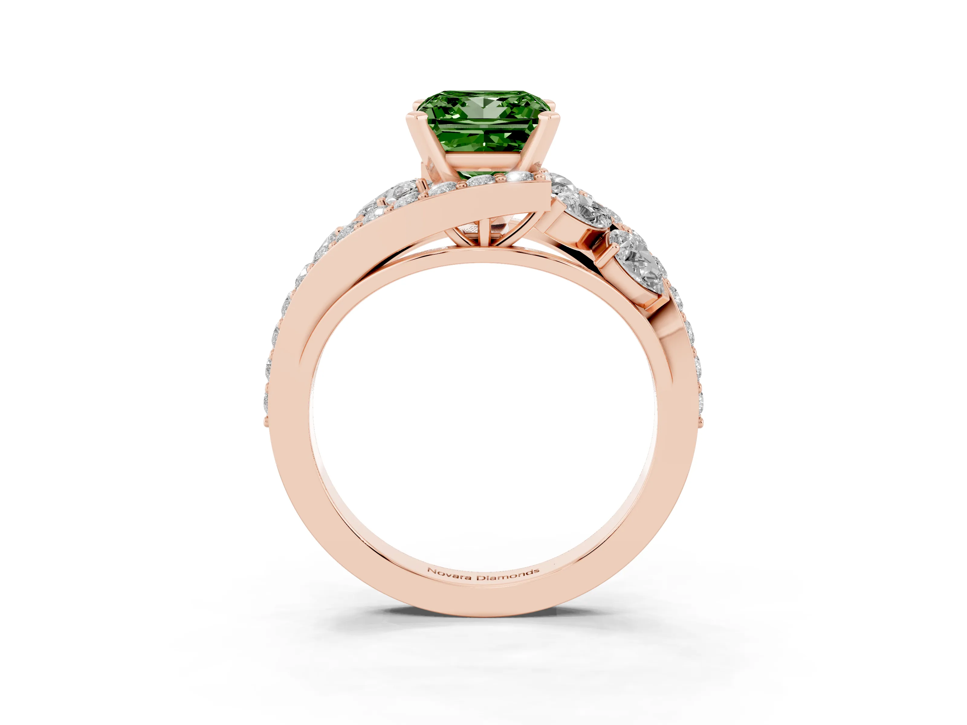 Fancy Green Princess Cut Diamond Halo Ring Set in Rose gold with Marquise and Pavé Band in Prong Setting