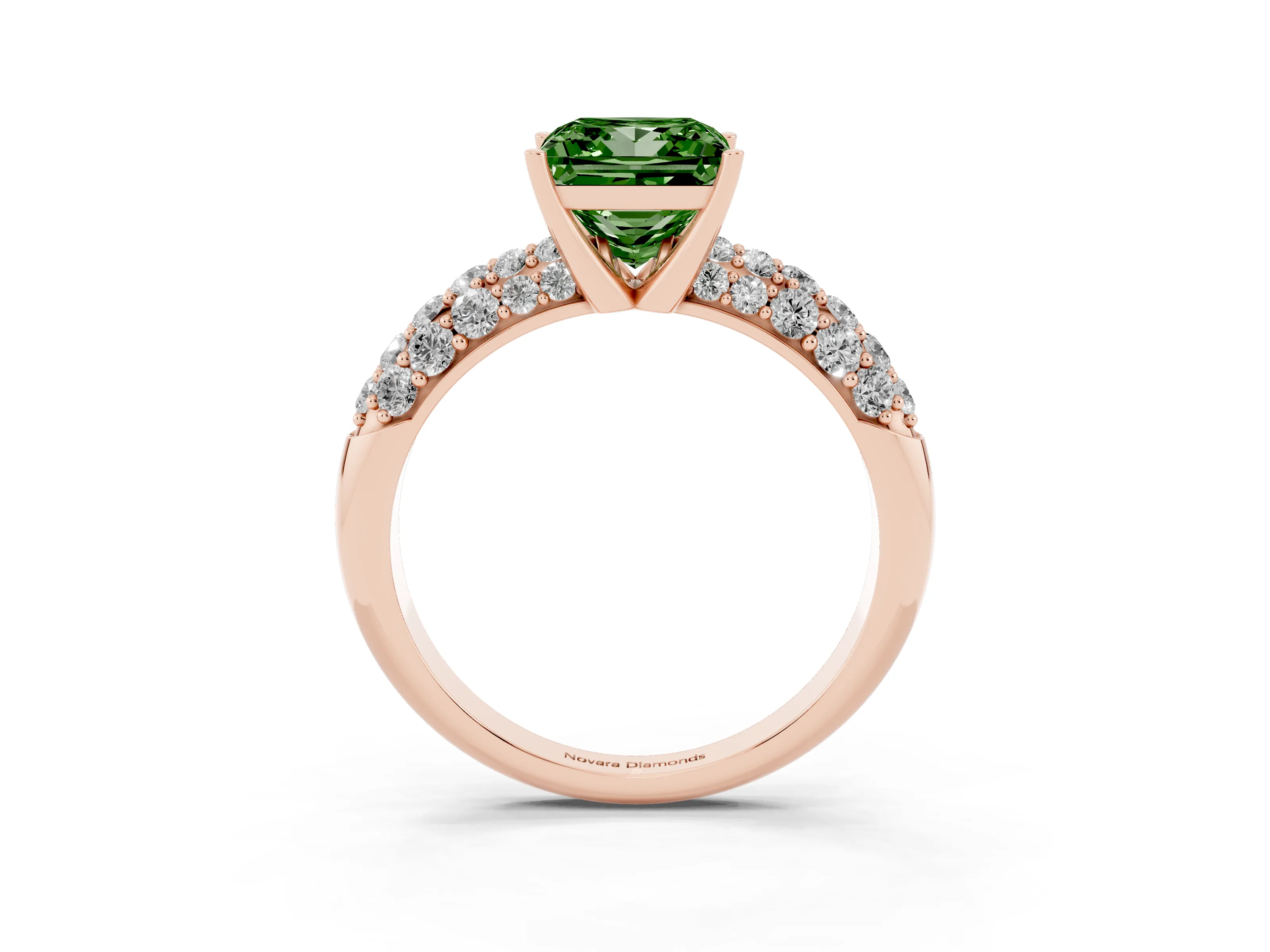 Fancy Green Princess Cut Diamond Pavé Band Solitaire Ring Set in Rose gold with Close-Set Accent Stones and Prong Setting