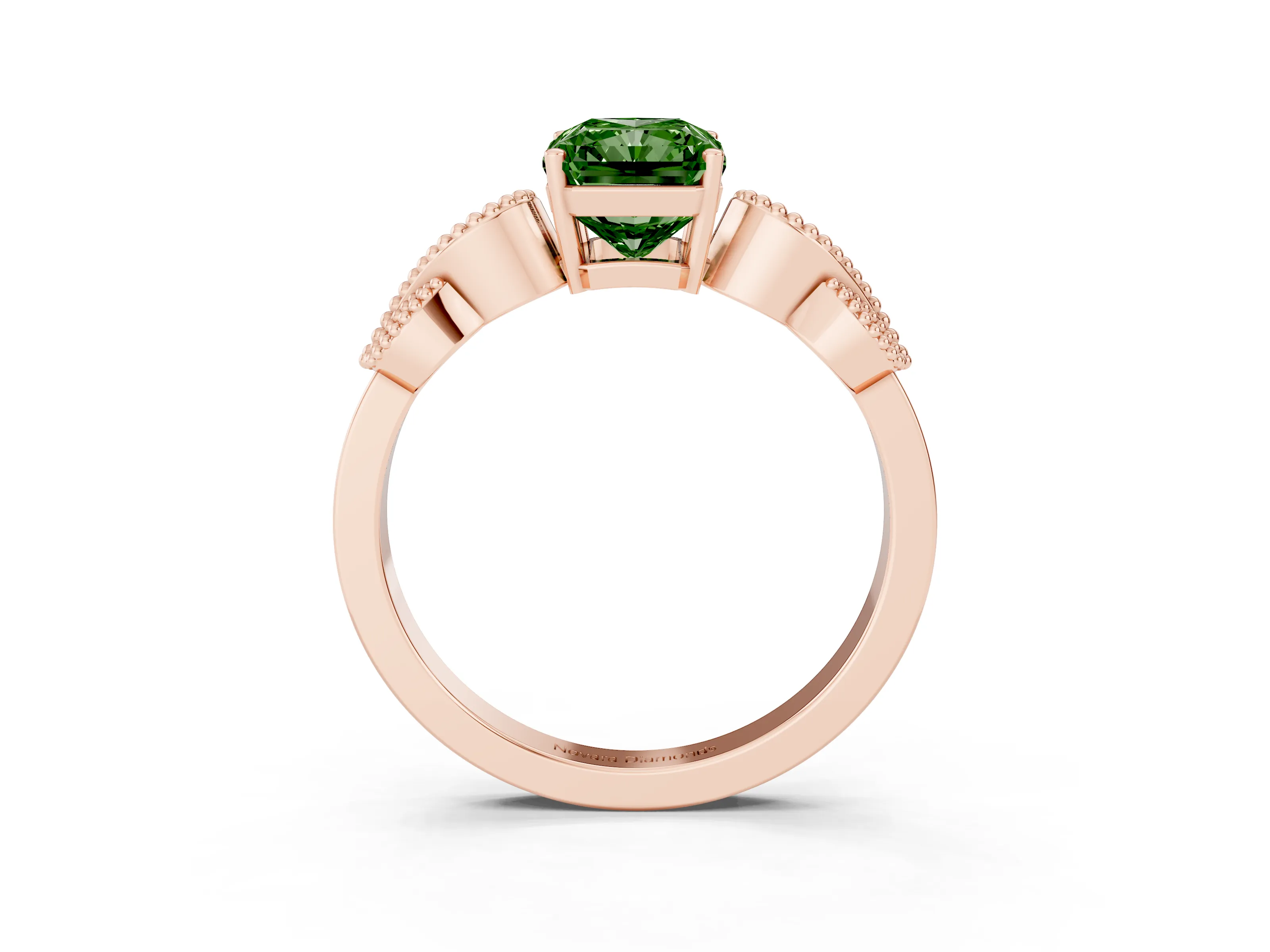 Fancy Green Princess Cut Diamond Milgrain Leaf Band Solitaire Ring Set in Rose gold with Accent Stones and Prong Setting