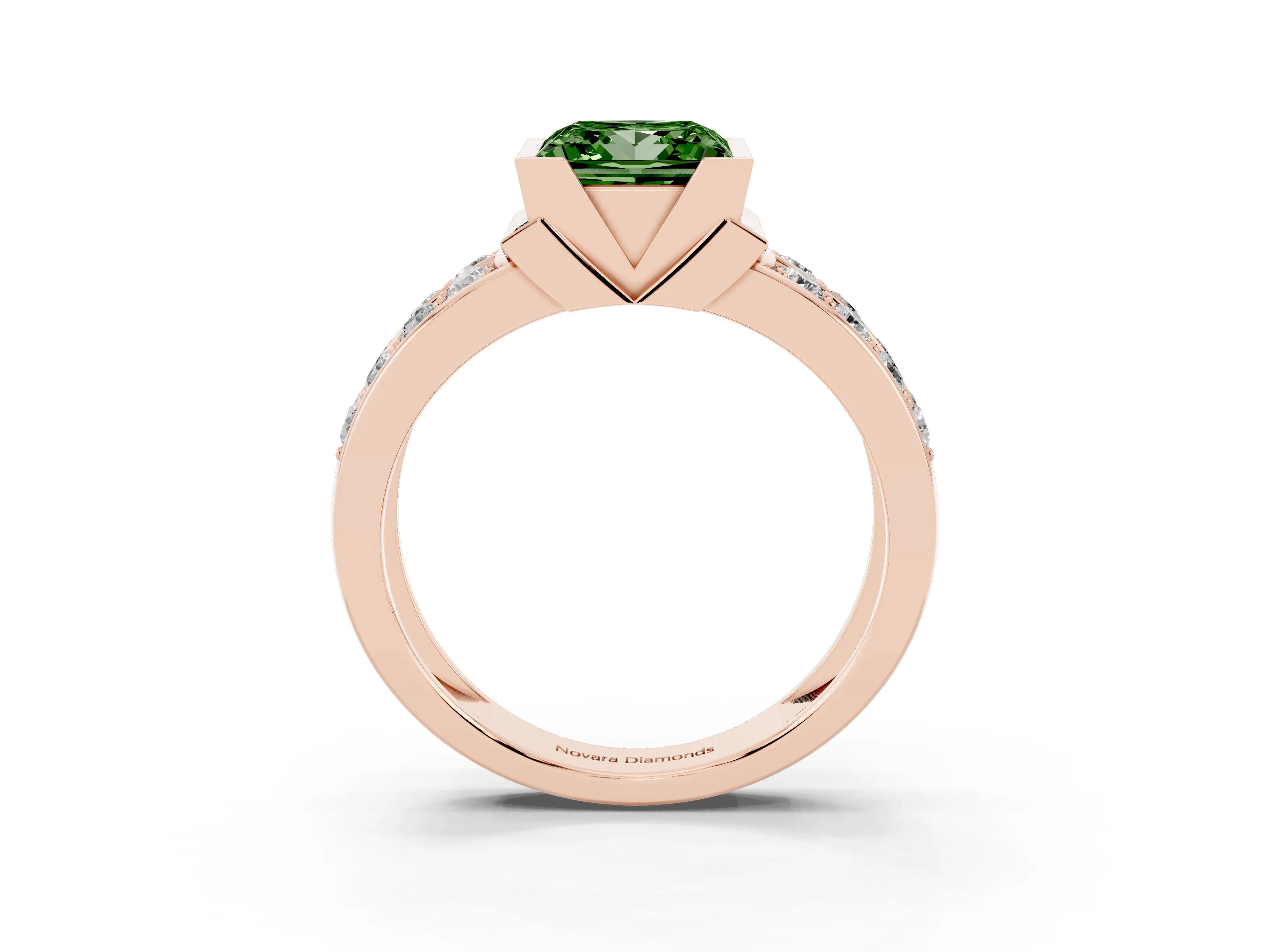 Fancy Green Princess Cut Diamond Wide Channel Set Band Ring Set in Rose gold with Bezel Setting