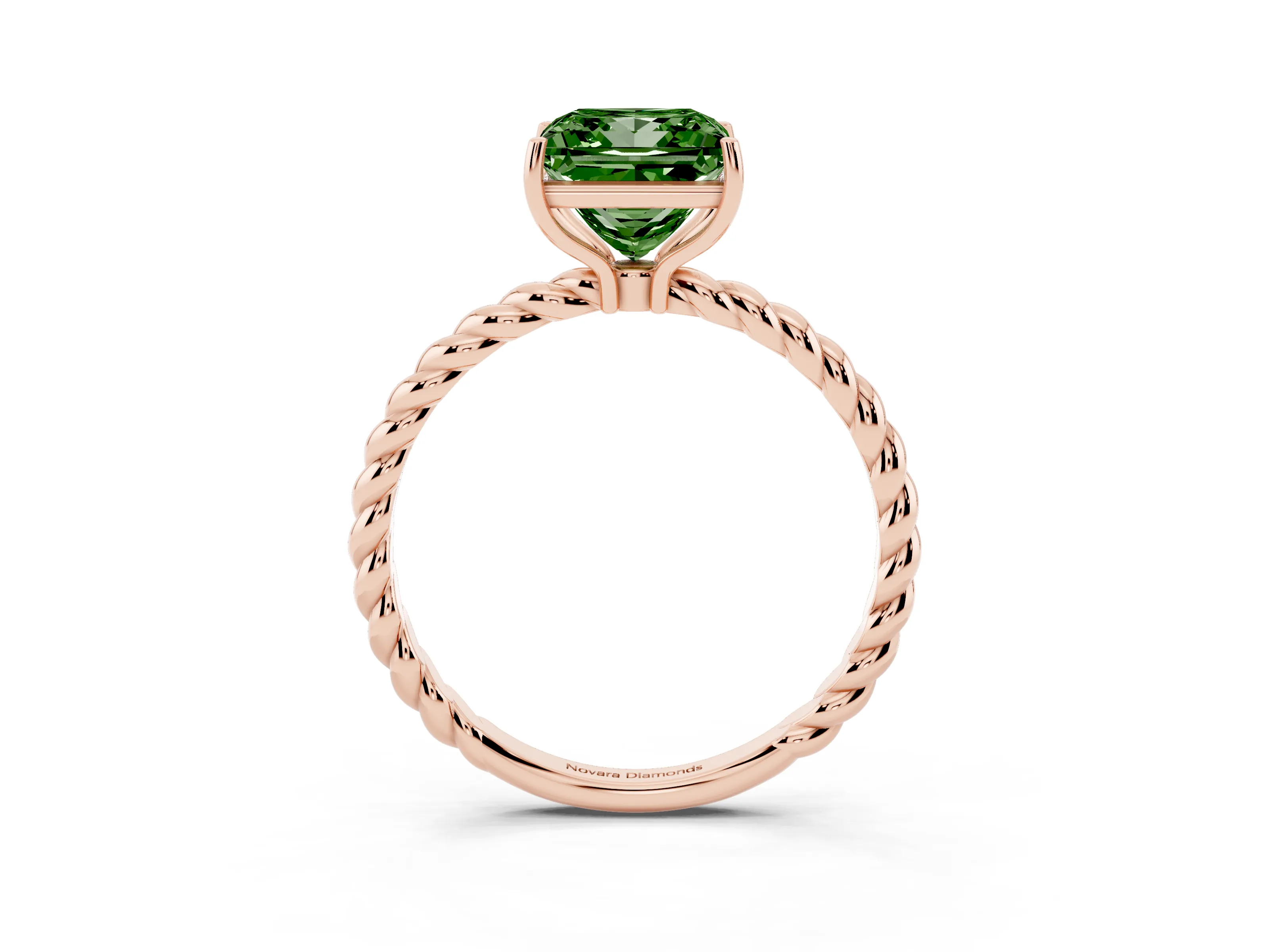 Fancy Green Princess Cut Diamond Solitaire Ring Set in Rose gold with Twist Band and Prong Setting
