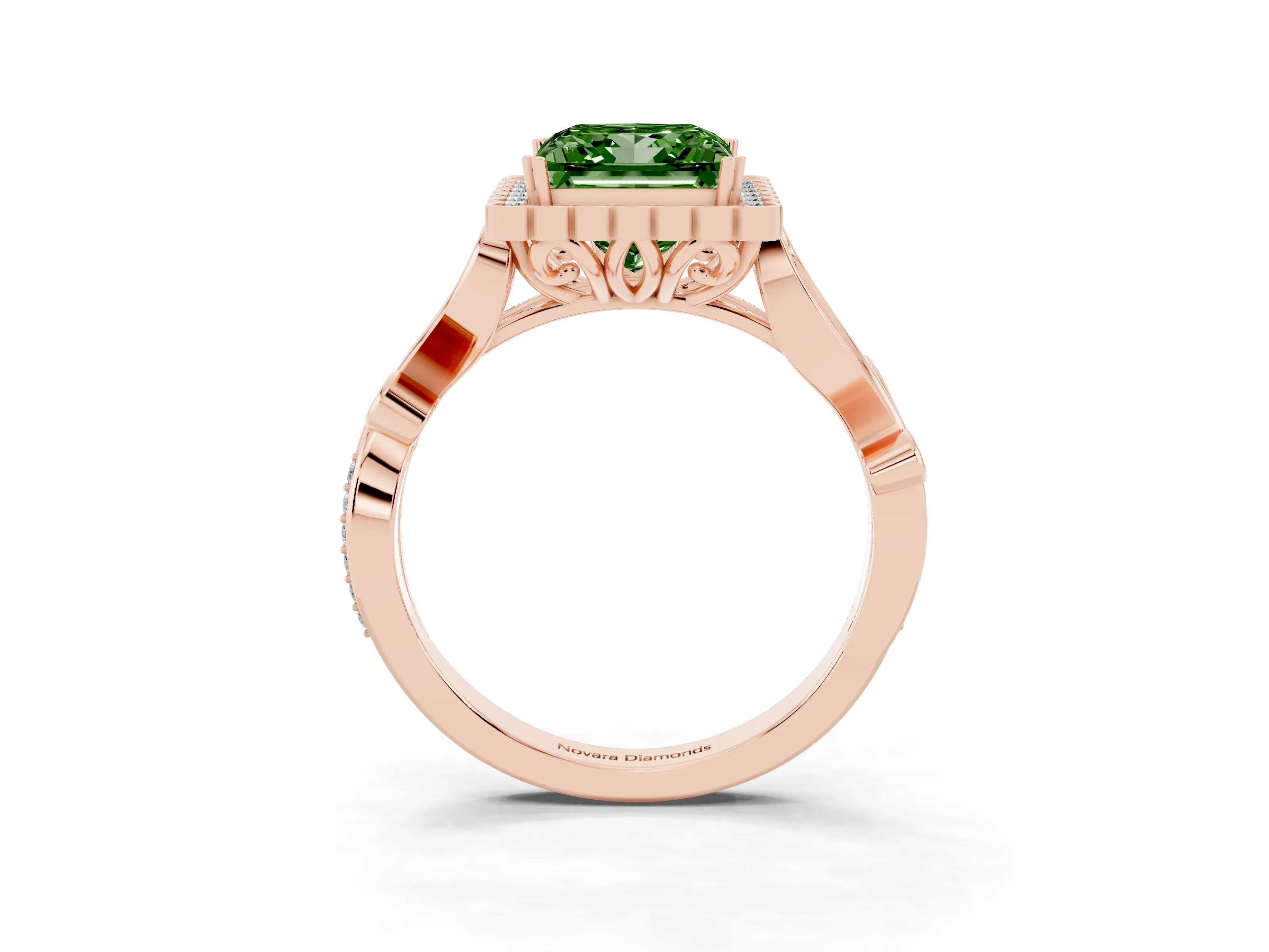 Fancy Green Princess Cut Diamond Halo Ring Set in Rose gold with Leaf Motif Split Shank and Prong Setting