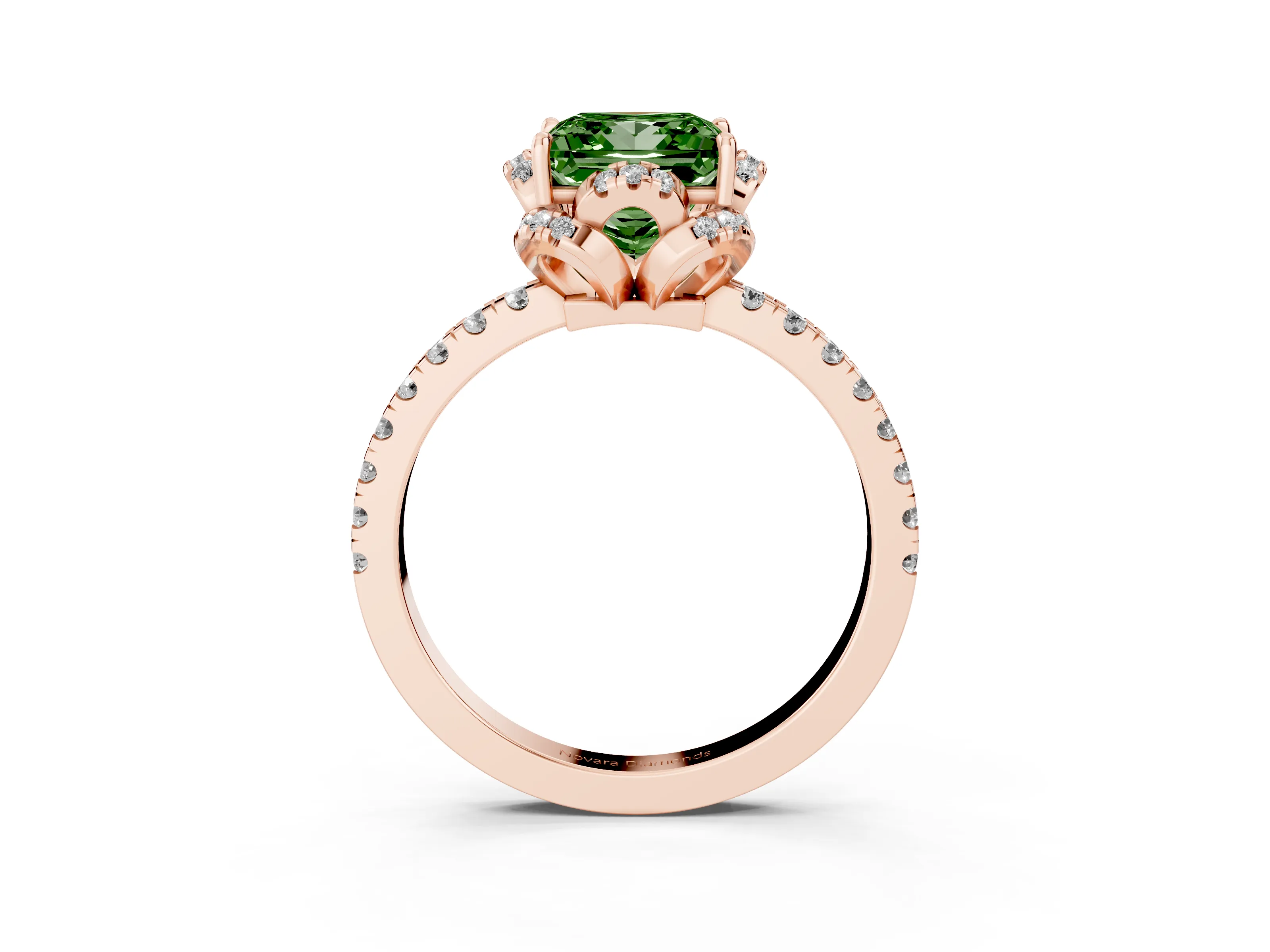 Fancy Green Princess Cut Diamond Halo Pavé Band Ring Set in Rose gold with Prong-Held Center