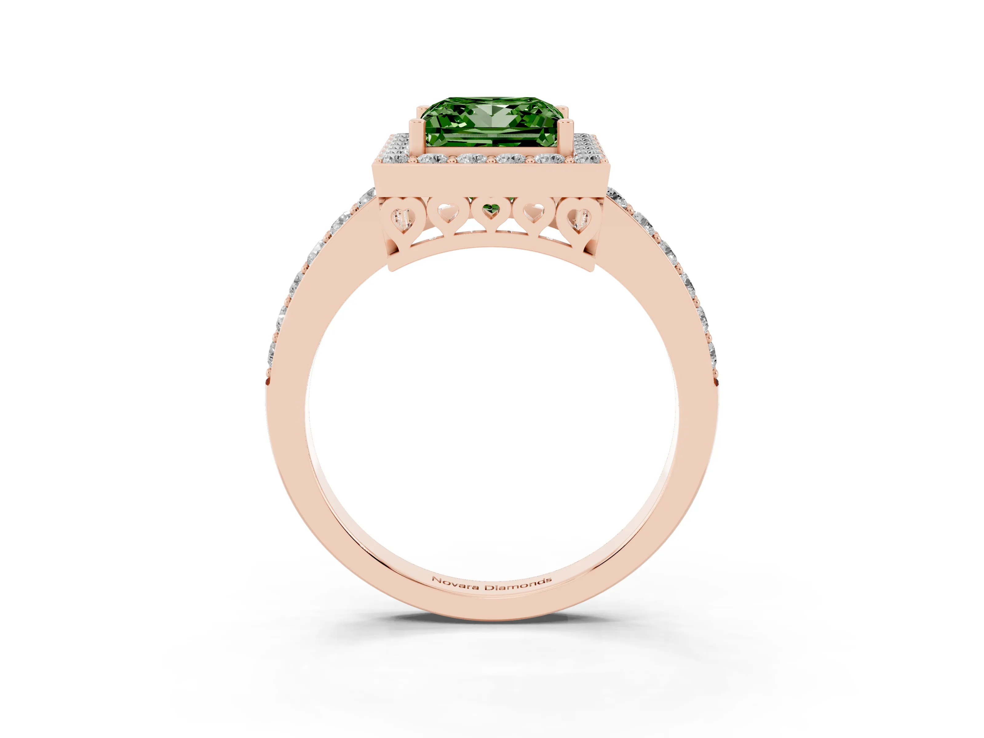 Fancy Green Princess Cut Diamond Halo Ring Set in Rose gold with Pavé-Setting Band and Open Prong Center