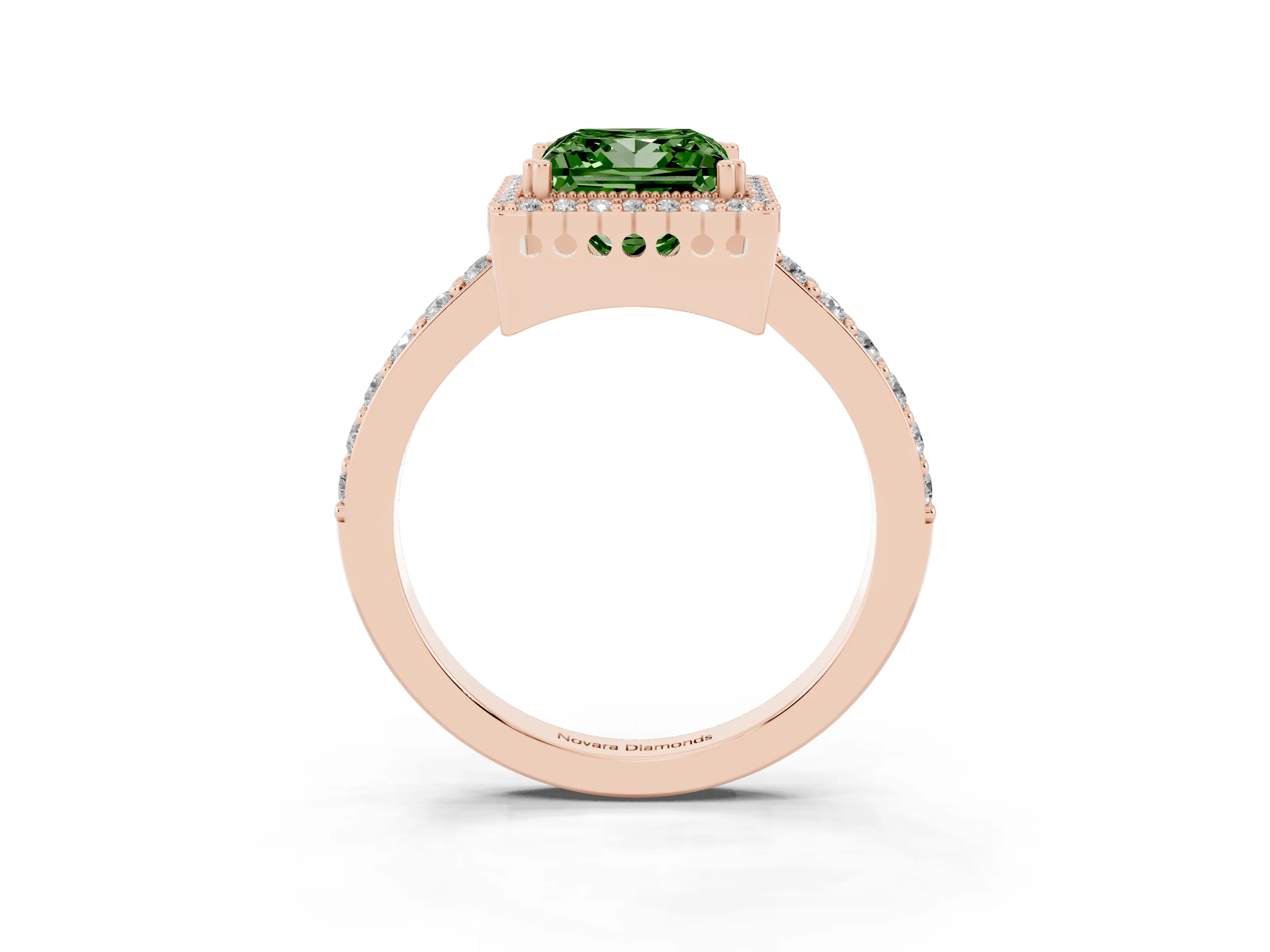 Fancy Green Princess Cut Diamond Halo Engagement Ring Set in Rose gold with Milgrain Detail and Pavé Band