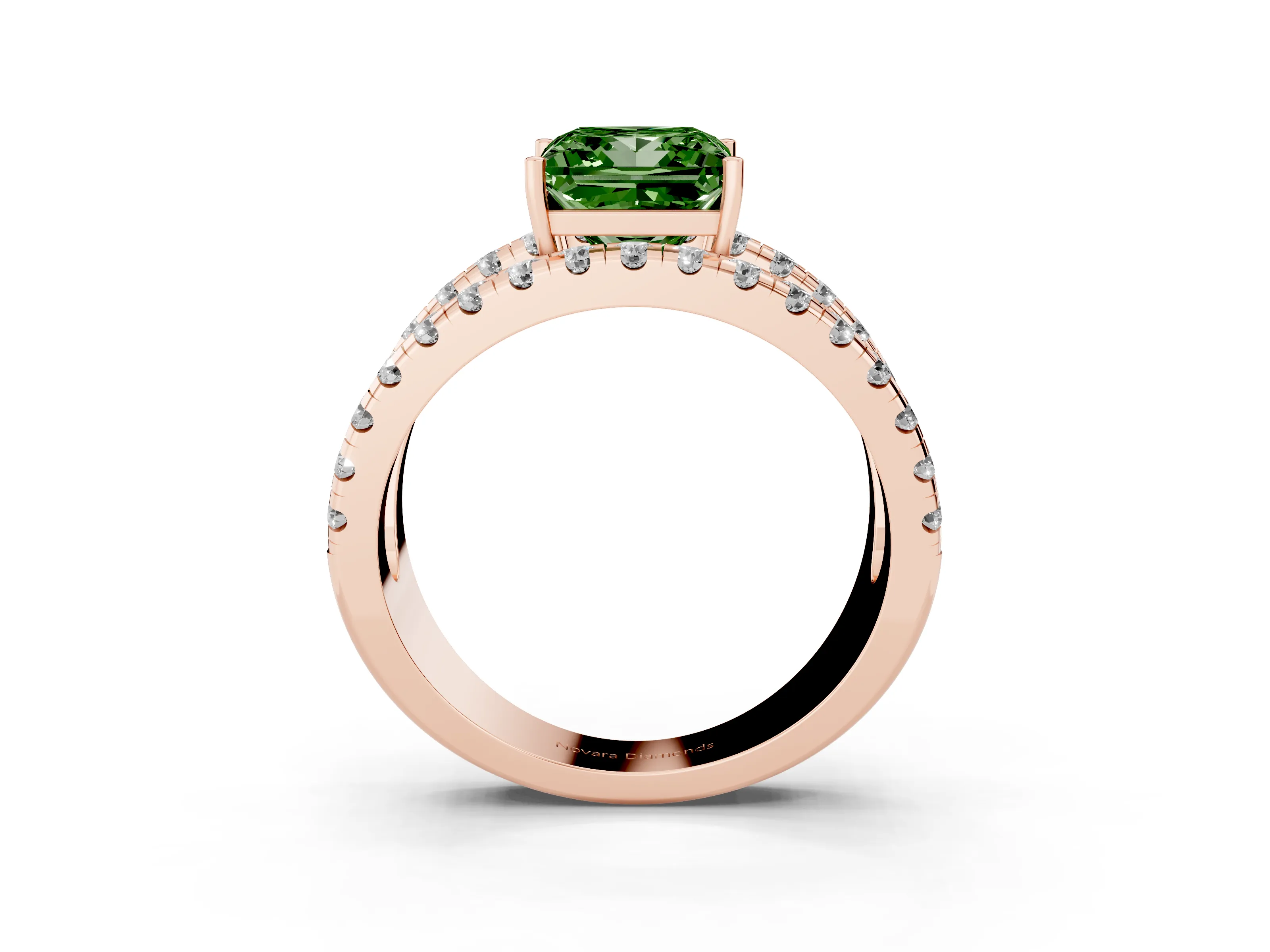 Fancy Green Princess Cut Diamond Split Shank Pavé Solitaire Ring Set in Rose gold with Open Shank Design