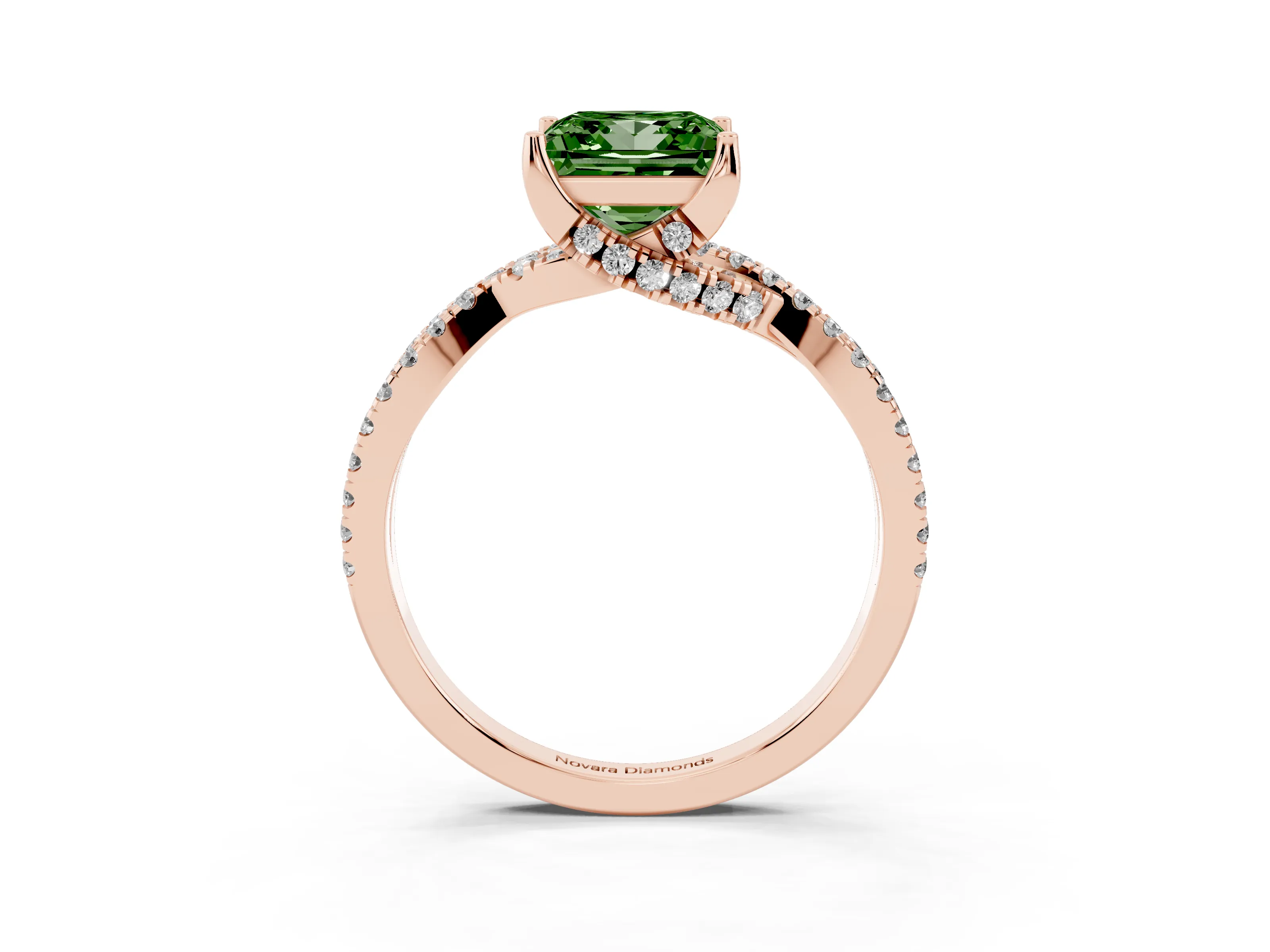 Fancy Green Princess Cut Diamond Twist Pavé Solitaire Engagement Ring Set in Rose gold with Prong Setting