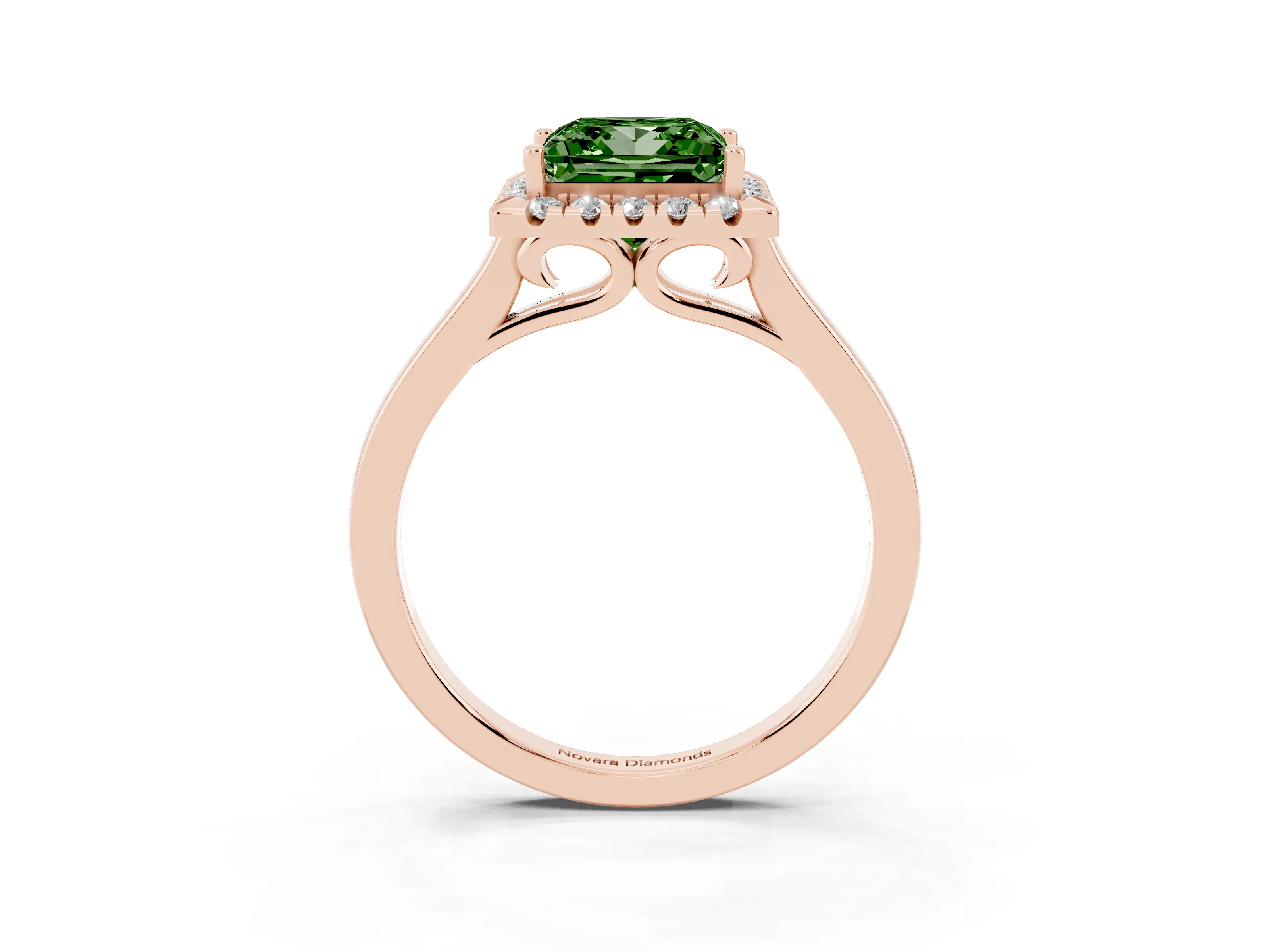 Fancy Green Princess Cut Halo Round Diamond Solitaire Ring Set in Rose gold with Pavé Band and Prong Setting